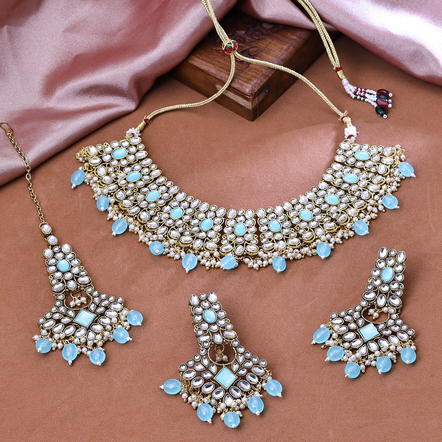 Sukkhi Gold Plated Color Stone & Polki Sky Blue Choker Floral Necklace Set for Women