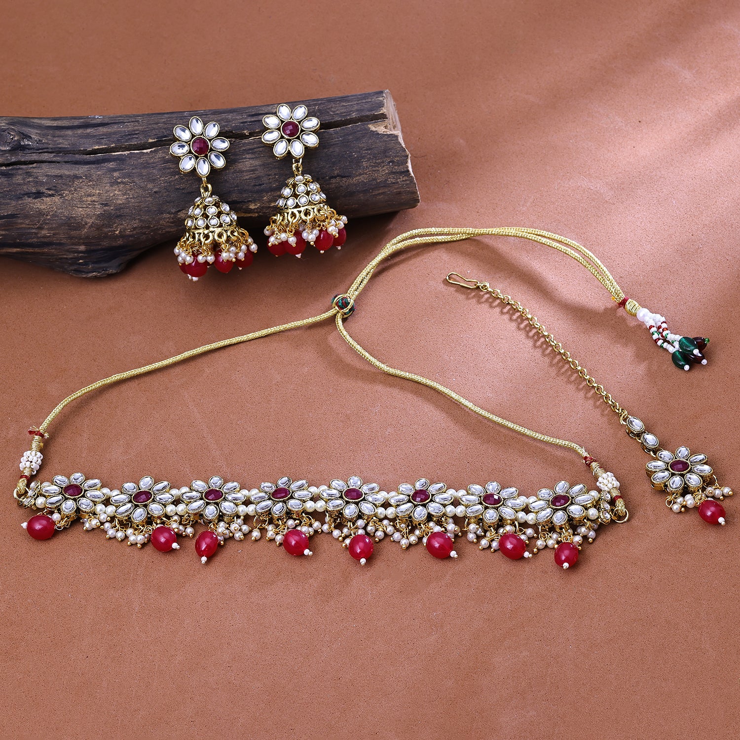 Sukkhi Gold Plated Color Stone & Kundan Red Choker Floral Necklace Set for Women
