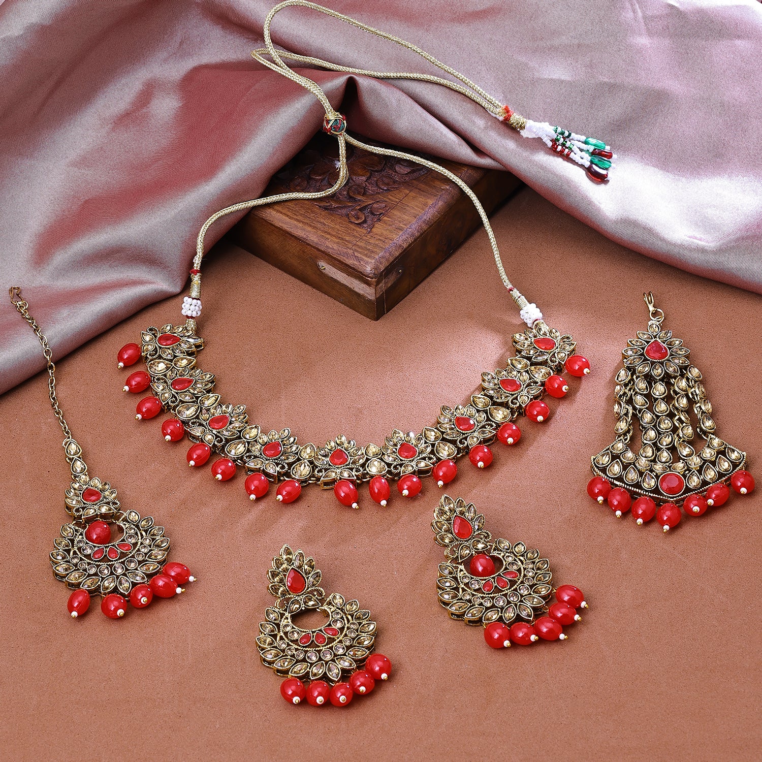Sukkhi Gold Plated Color Stone & LCT Stone Red Choker Floral Necklace Set for Women