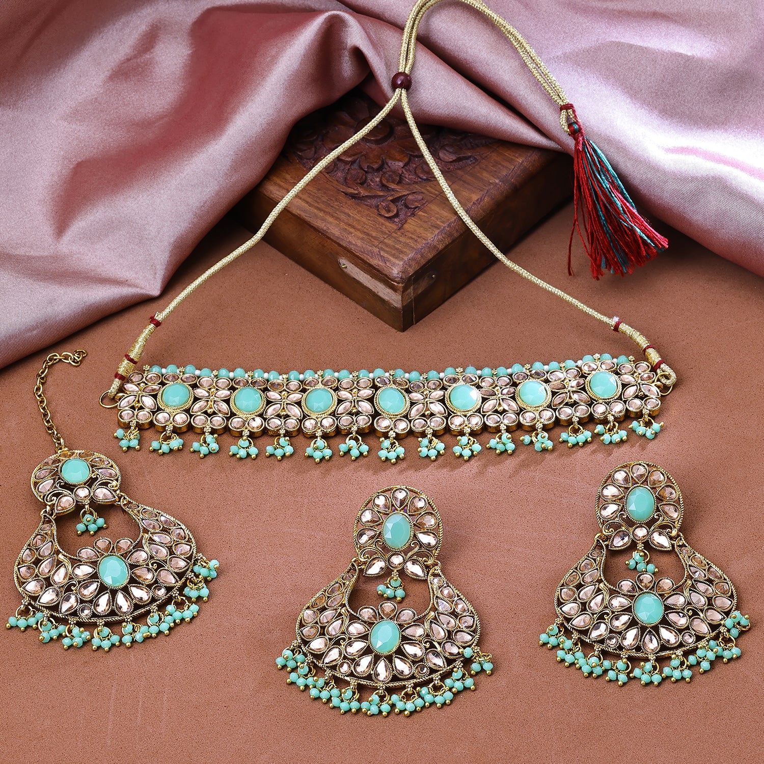 Sukkhi Gold Plated Color Stone & Kundan Aqua Green Choker Floral Necklace Set for Women