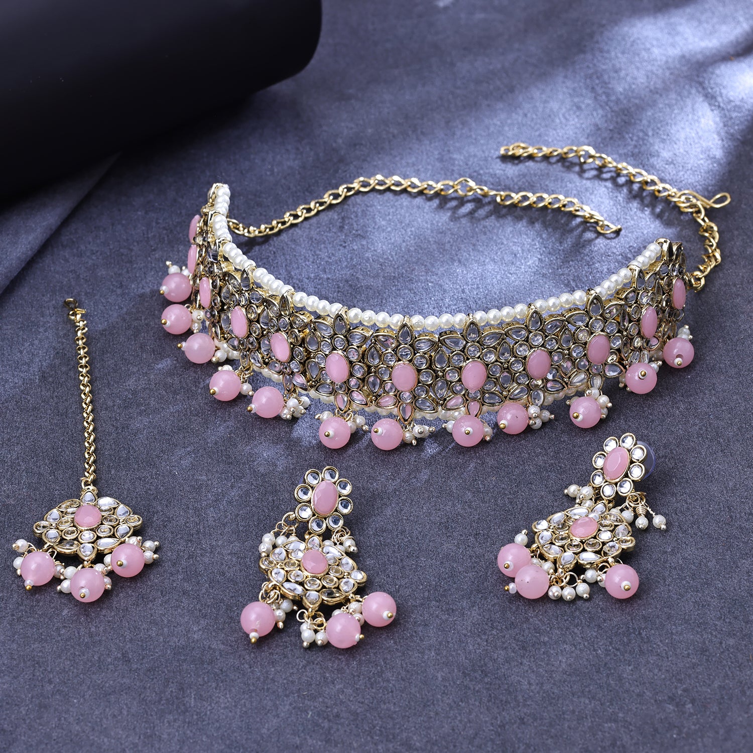 Sukkhi Gold Plated Kundan & Pearl Light Pink Choker Floral Necklace Set for Women