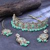Sukkhi Gold Plated Color Stone & Kundan Aqua Green Choker Floral Necklace Set for Women