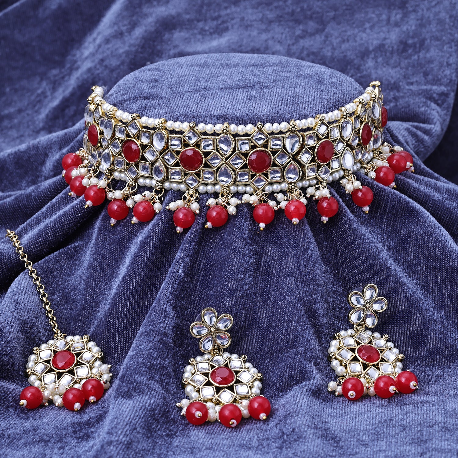 Sukkhi Gold Plated Color Stone & Kundan Red Choker Floral Necklace Set for Women