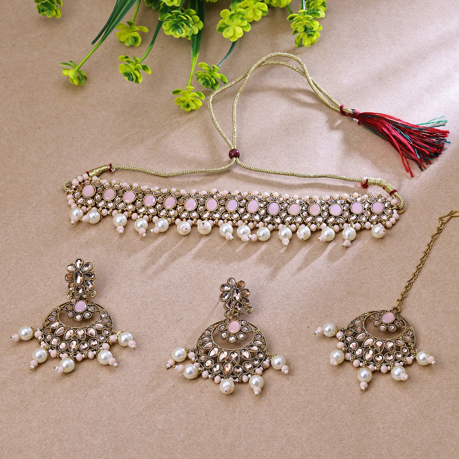 Sukkhi Gold Plated Color Stone & Pearl Light Pink Choker Basic Design Necklace Set for Women