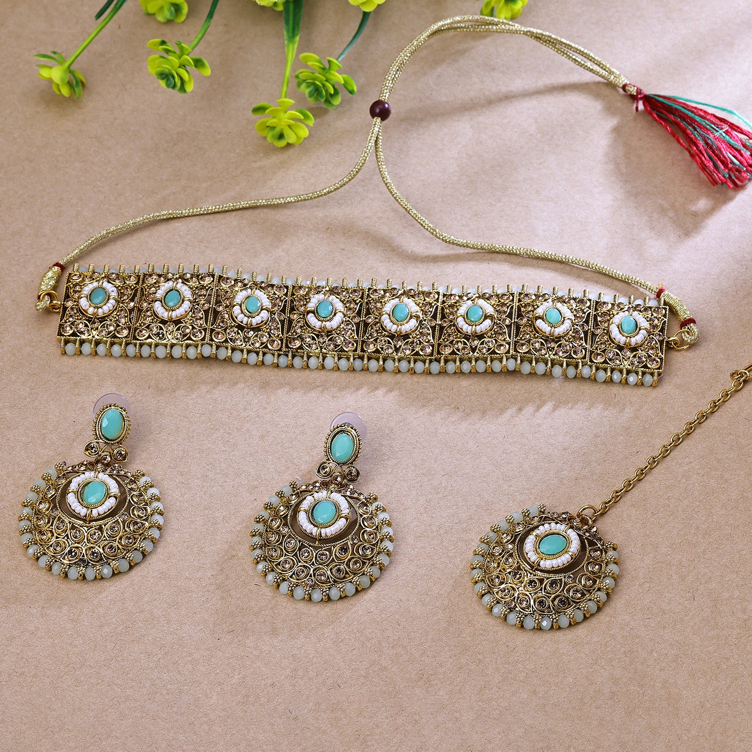 Sukkhi Gold Plated Color Stone & Austrain Stone Golden And Aqua Blue Choker Floral Necklace Set for Women