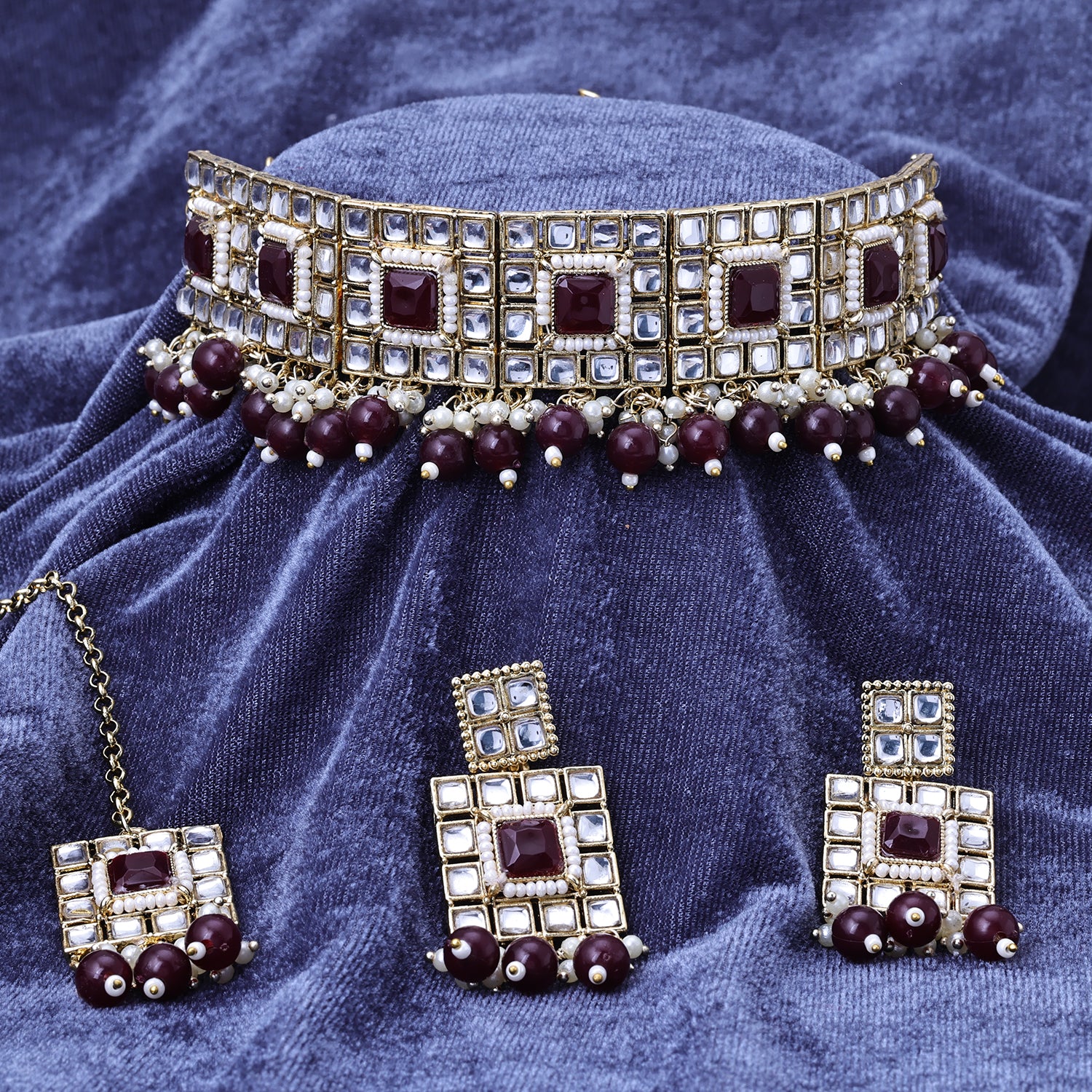 Sukkhi Gold Plated Color Stone & Kundan Maroon Choker Square Shape Necklace Set for Women