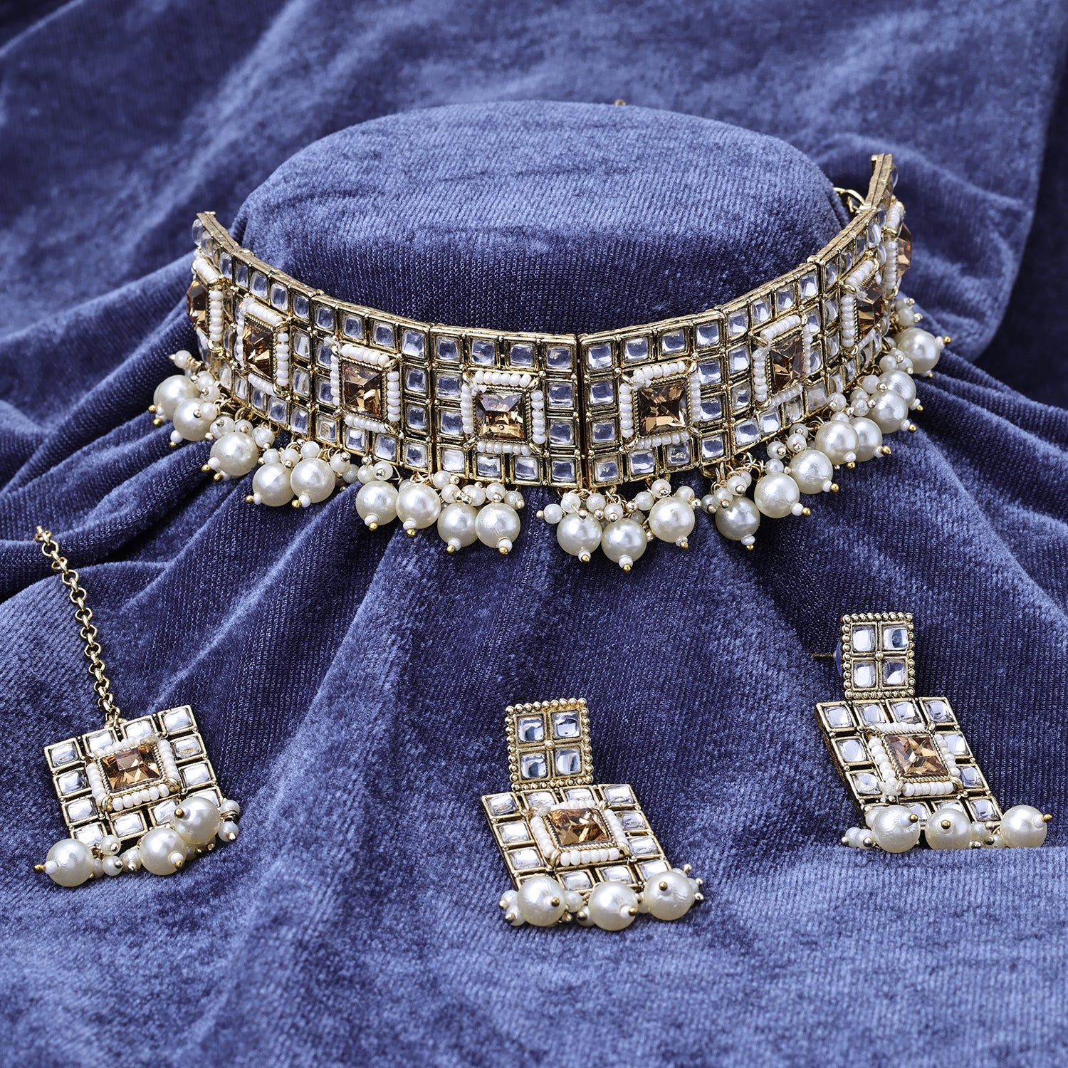 Sukkhi Gold Plated Color Stone & Kundan White Choker Square Shape Necklace Set for Women