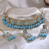 Sukkhi Gold Plated Color Stone & Kundan Sky Blue Choker Square Shape Necklace Set for Women