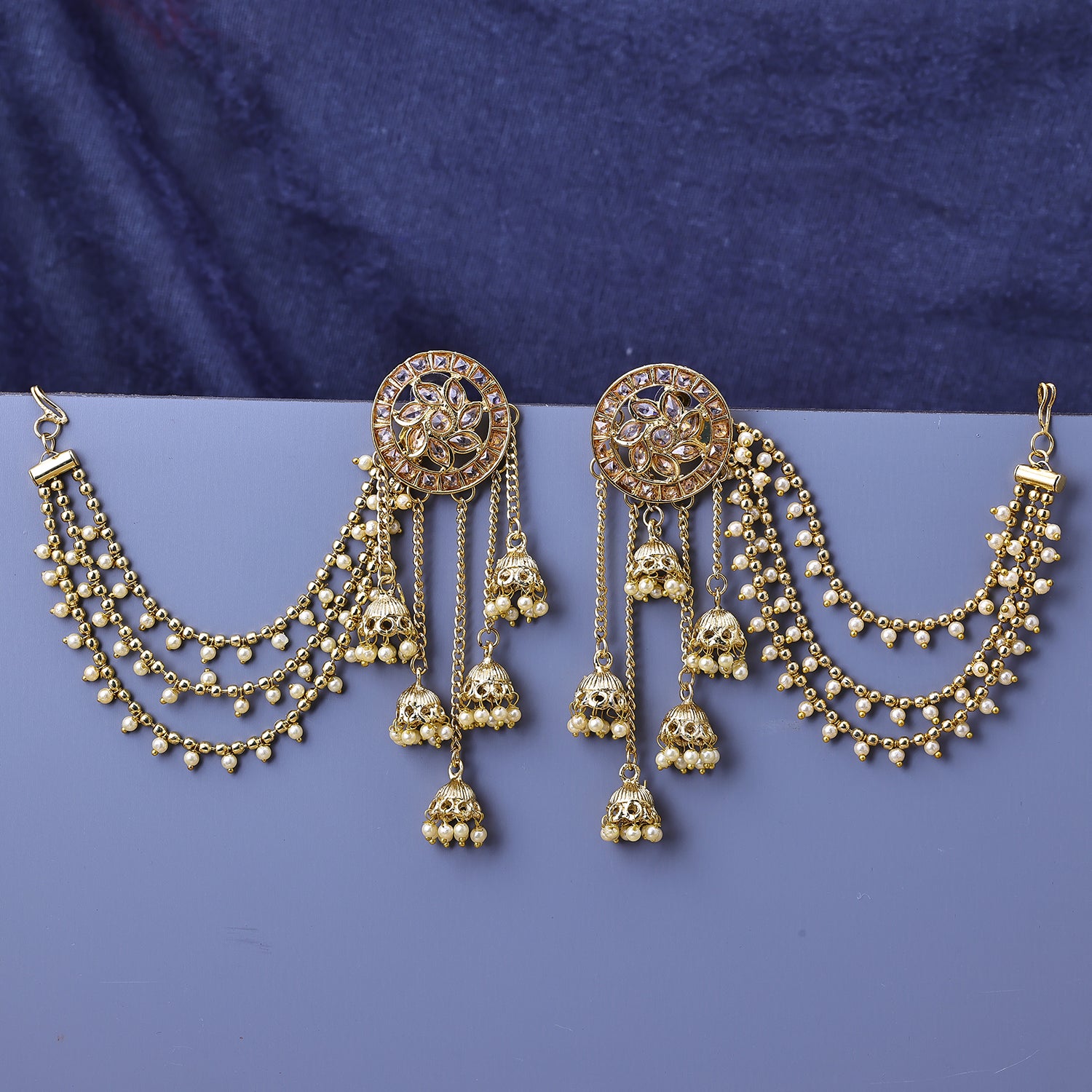 Sukkhi Gold Plated LCT Stone Golden Layered Floral One Size Earrings With Chain for Women