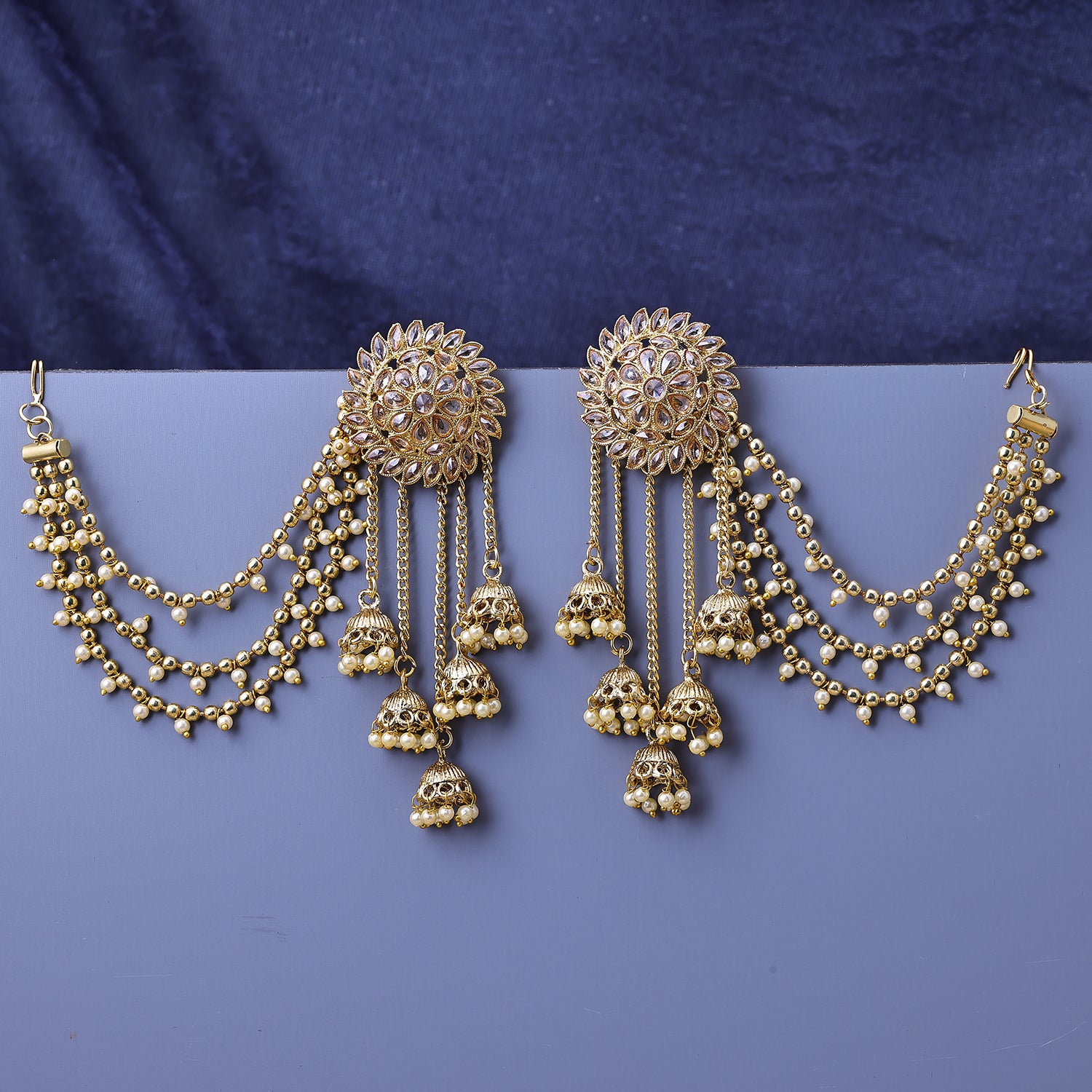 Sukkhi Gold Plated LCT Stone Golden Layered Floral One Size Earrings With Chain for Women