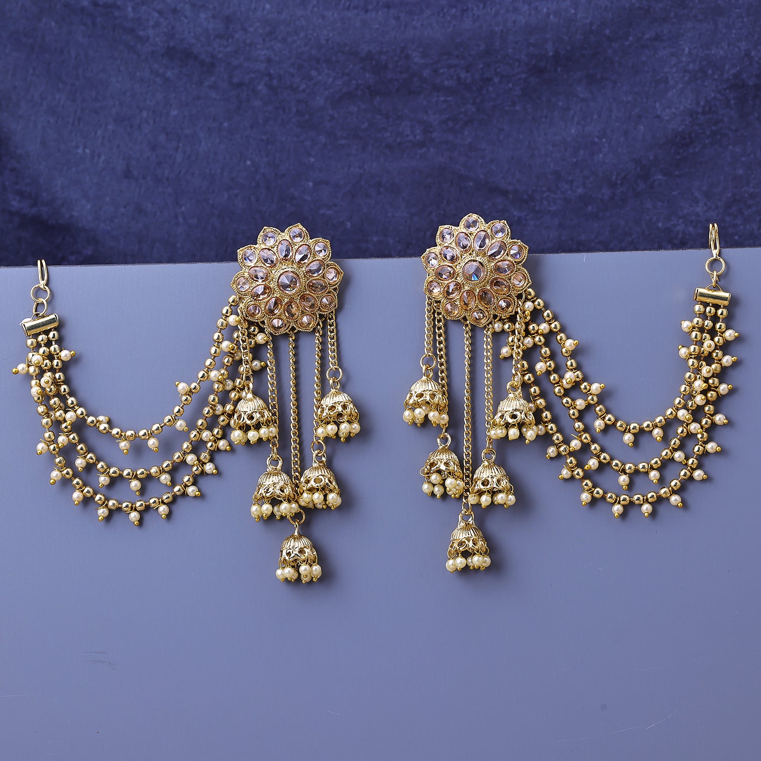 Sukkhi Gold Plated LCT Stone Golden Layered Floral One Size Earrings With Chain for Women