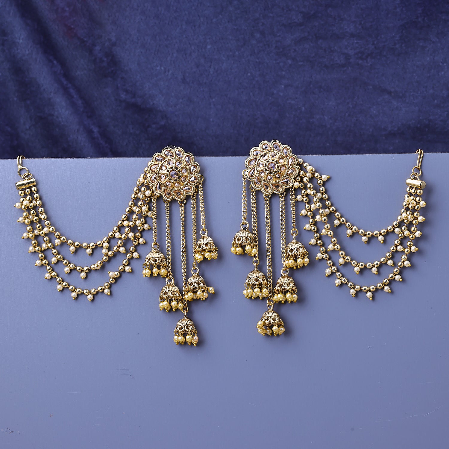 Sukkhi Gold Plated LCT Stone Golden Layered Floral One Size Earrings With Chain for Women