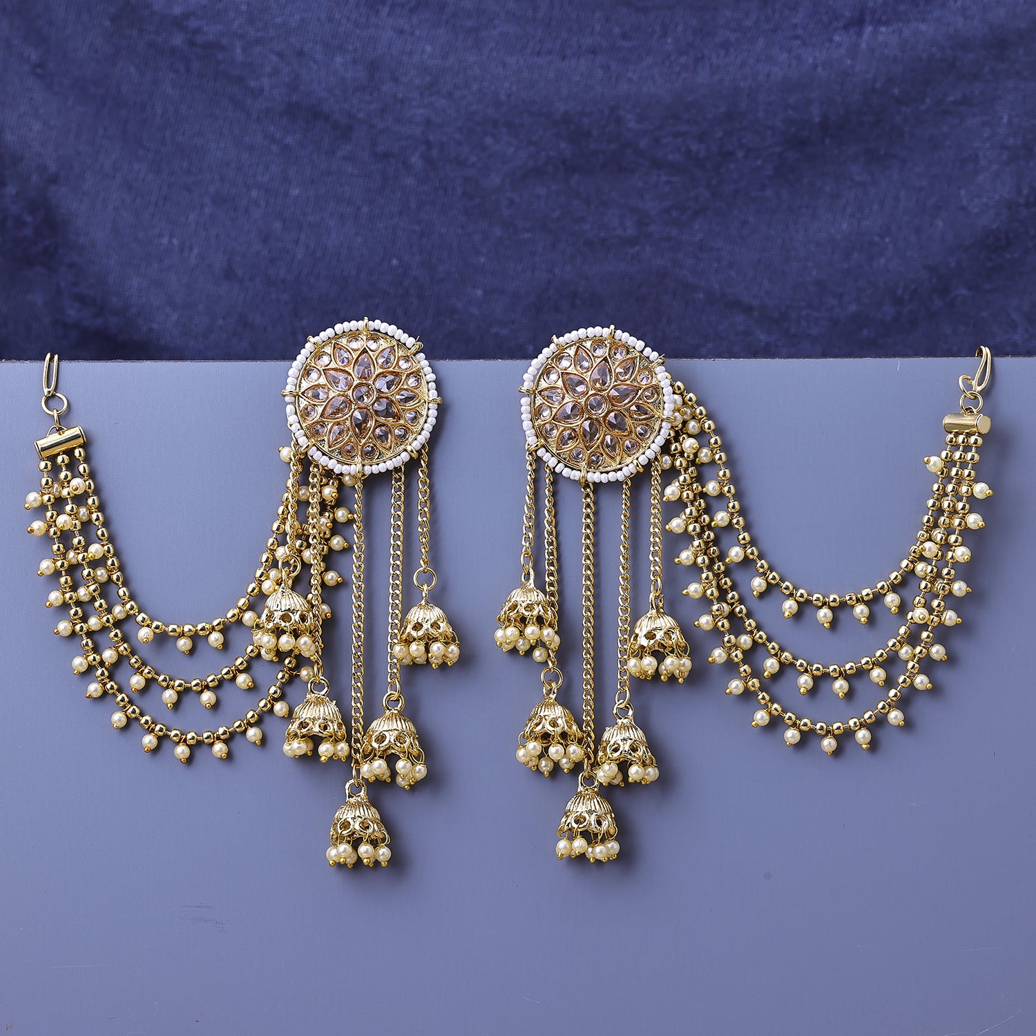 Sukkhi Gold Plated LCT Stone Golden Layered Floral One Size Earrings With Chain for Women