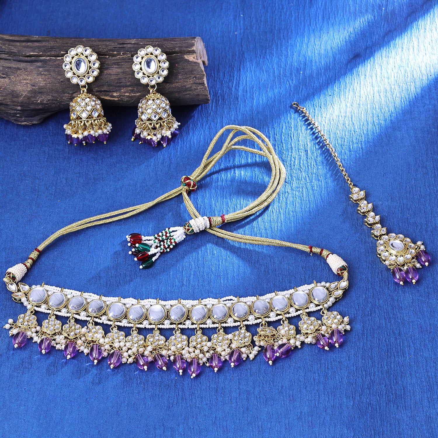 Sukkhi Drop-Dead Gold Plated Light Purple Artificial Stone Collar Necklace Set With Maang Tikka for Women