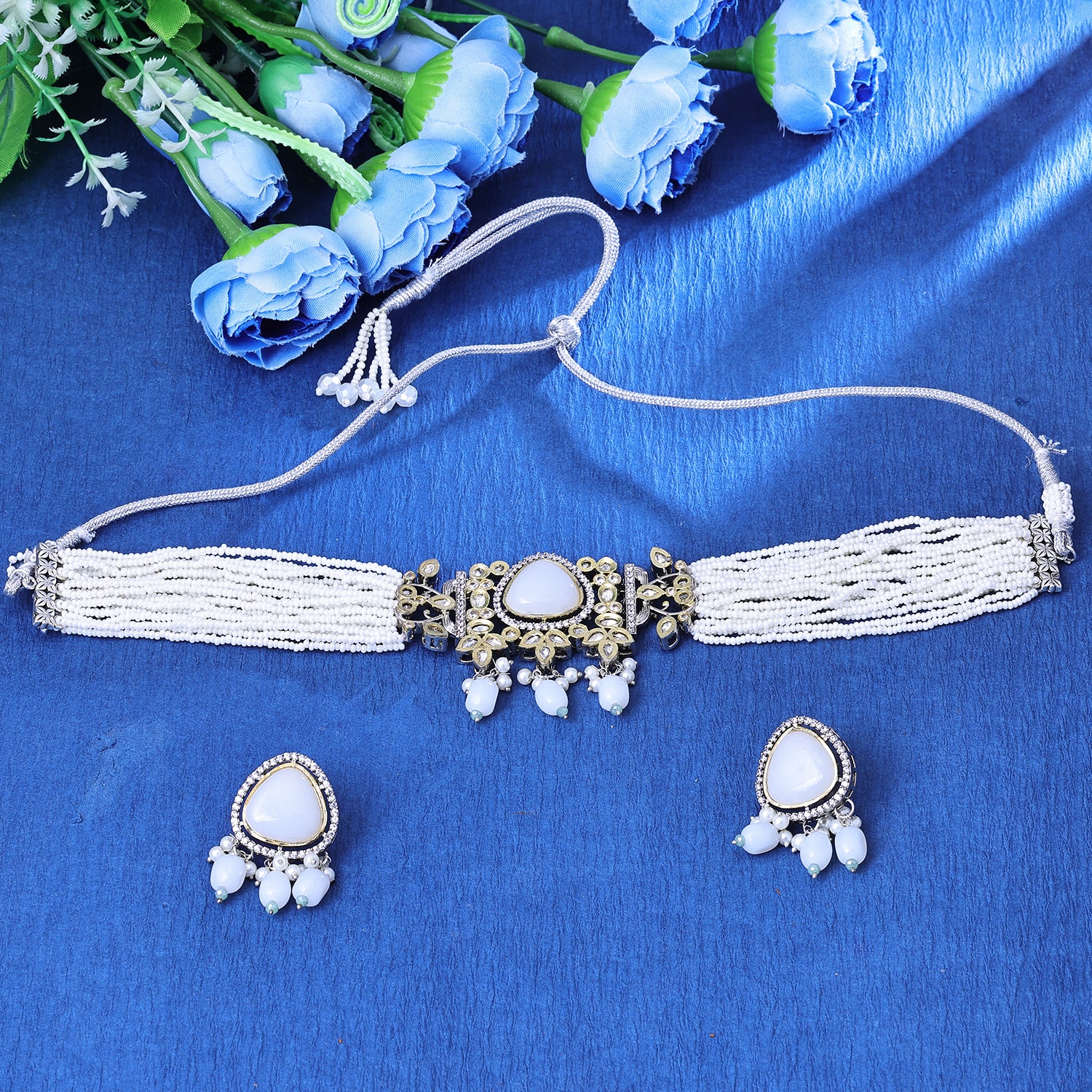 Sukkhi Good Gold Plated White Crystal Choker Necklace Set for Women