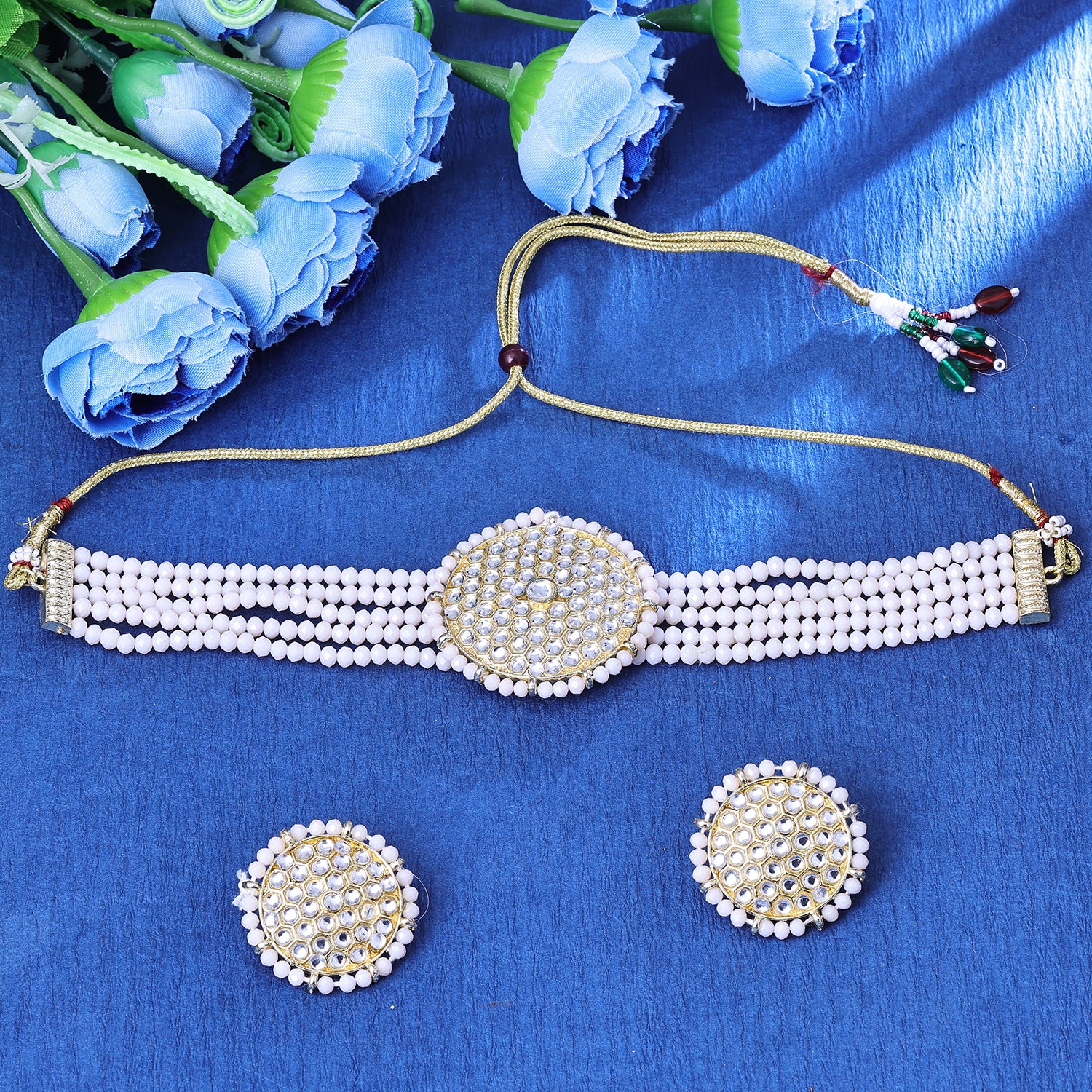 Sukkhi Seemly Rhodium Plated White Crystal Choker Necklace Set for Women