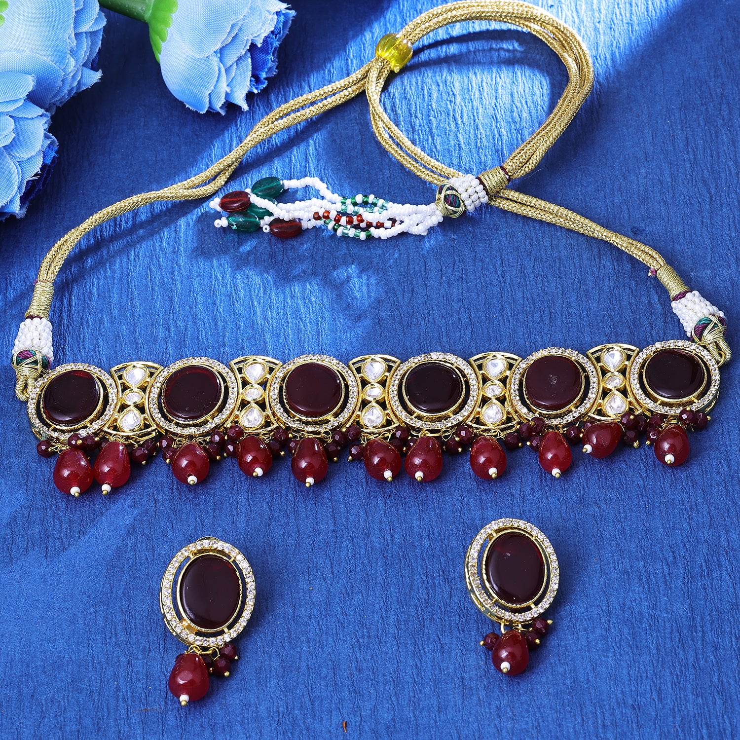 Sukkhi Galvanic Gold Plated Maroon Color Stone Choker Necklace Set for Women