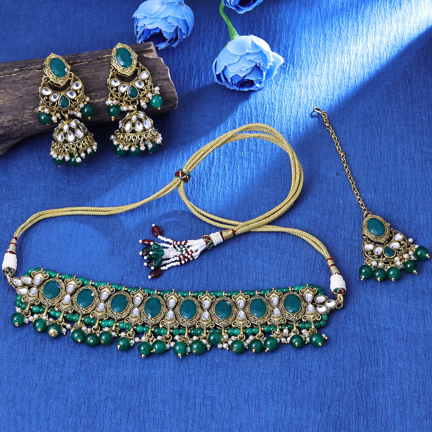 Sukkhi Riveting Gold Plated Green Color Stone Choker Necklace Set With Maang Tikka for Women