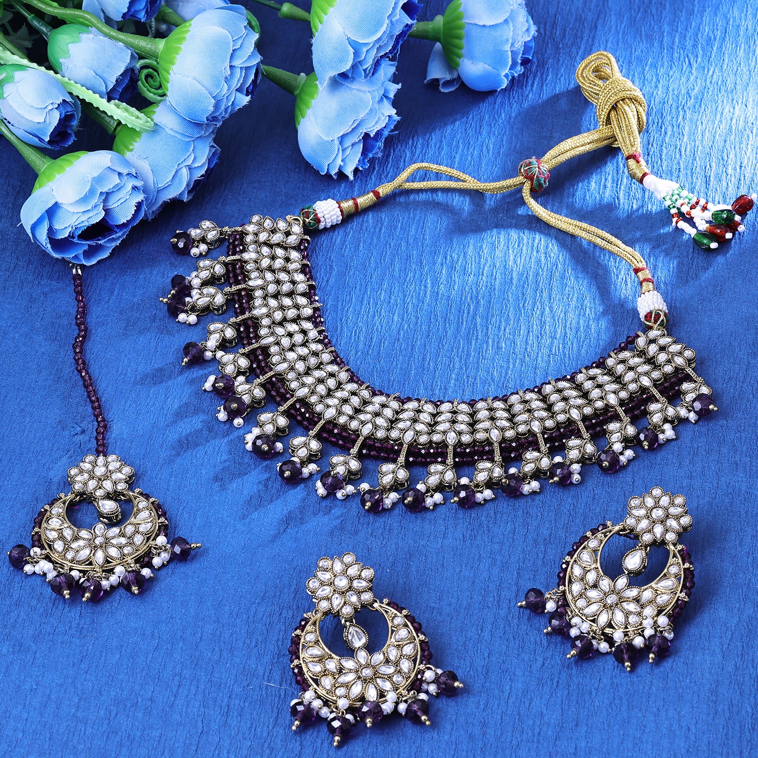 Sukkhi Darling Gold Plated Blue Kundan Collar Necklace Set With Maang Tikka for Women