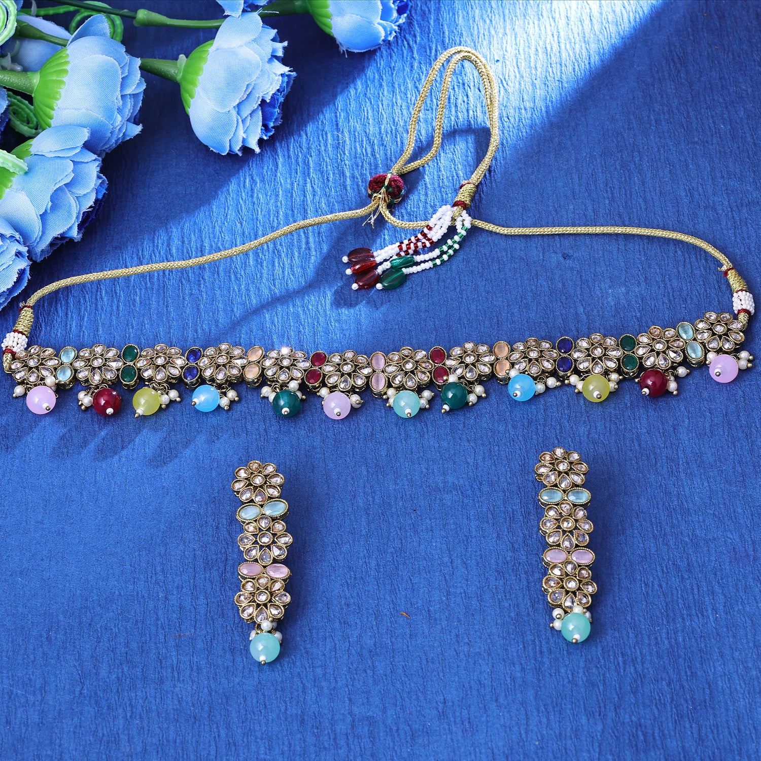 Sukkhi Pleasant Gold Plated Multicolor Color Stone Choker Necklace Set for Women