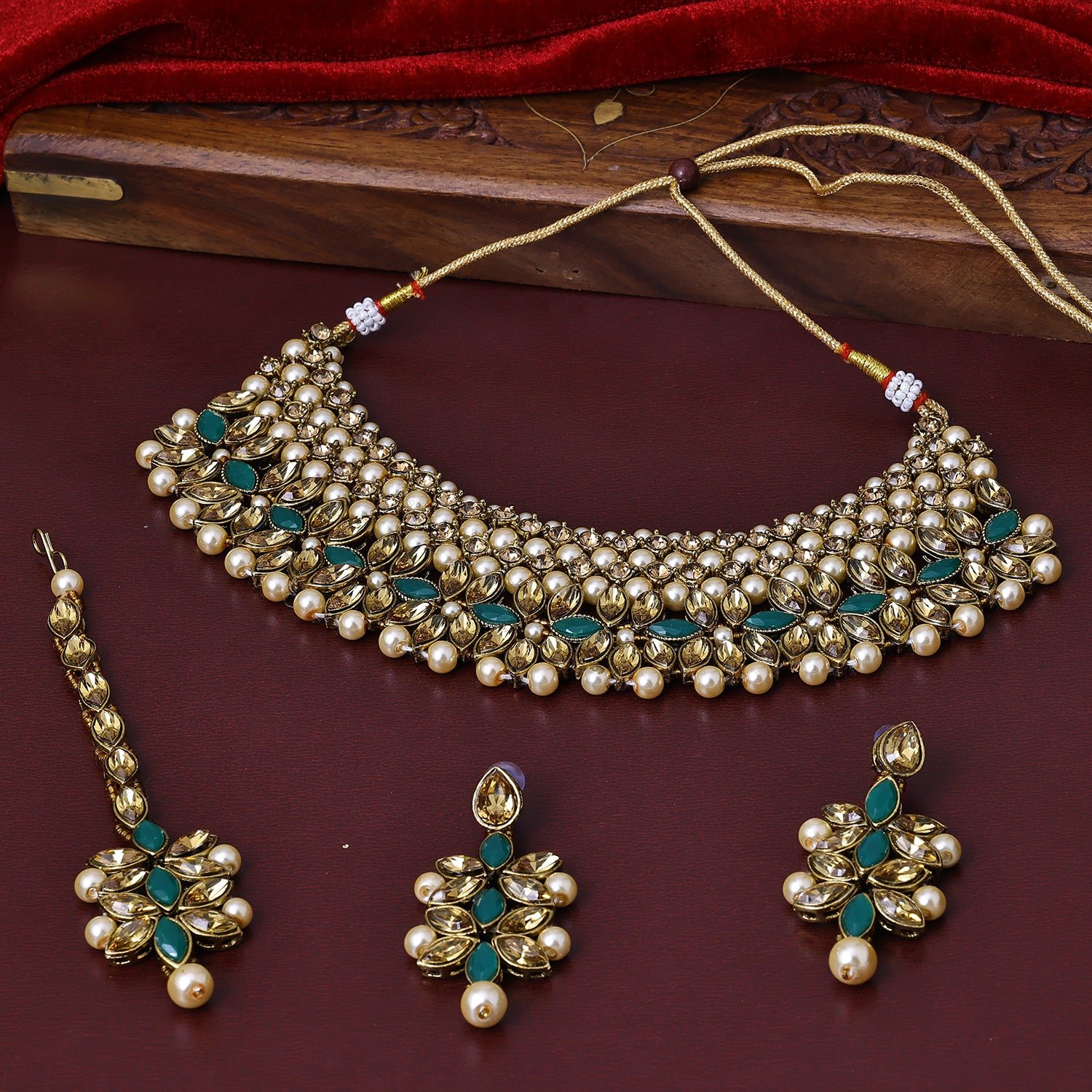 Sukkhi Glamour Gold Plated Green Pearl Choker Necklace Set With Maang Tikka for Women