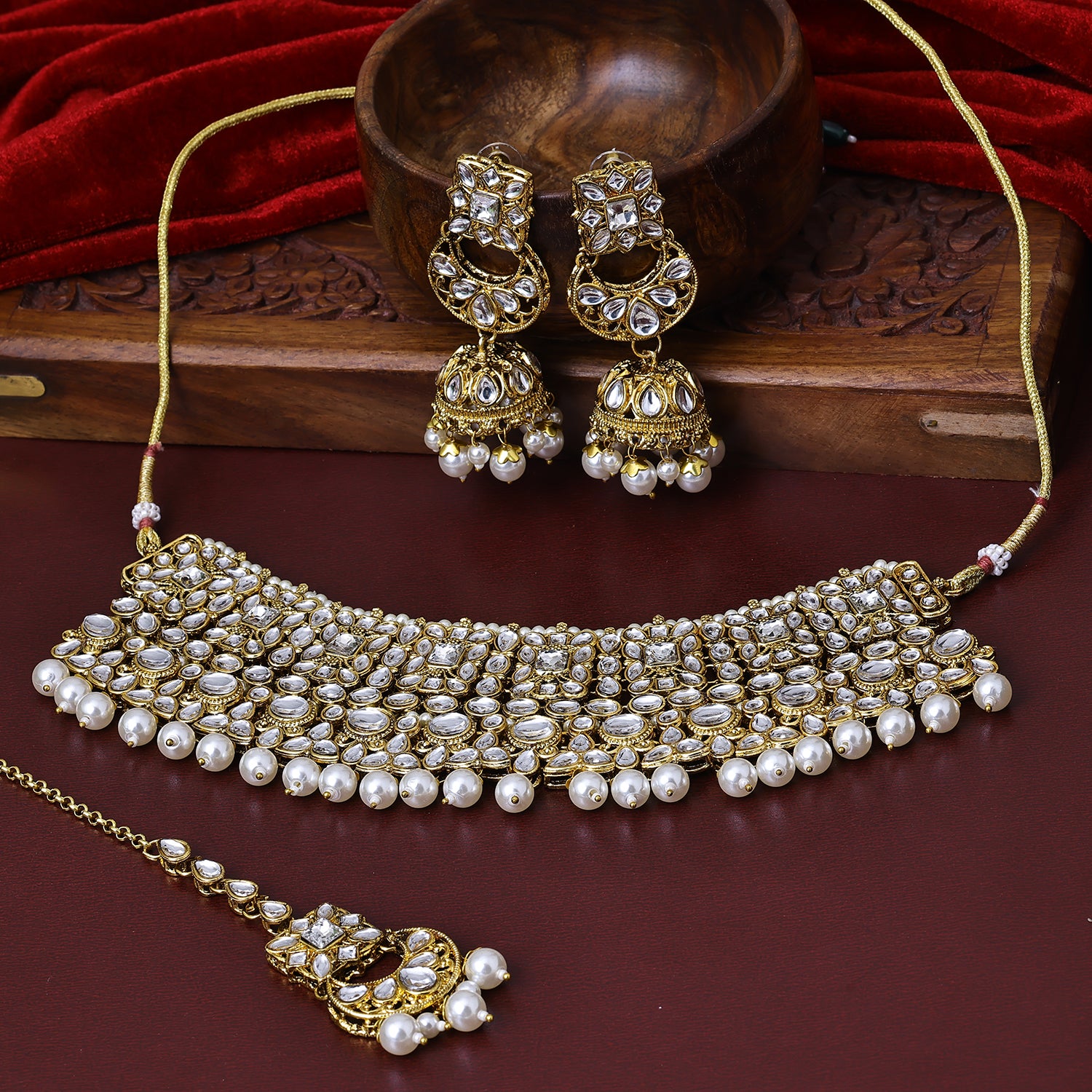 Sukkhi Lovely Gold Plated White Pearl Collar Necklace Set With Maang Tikka for Women