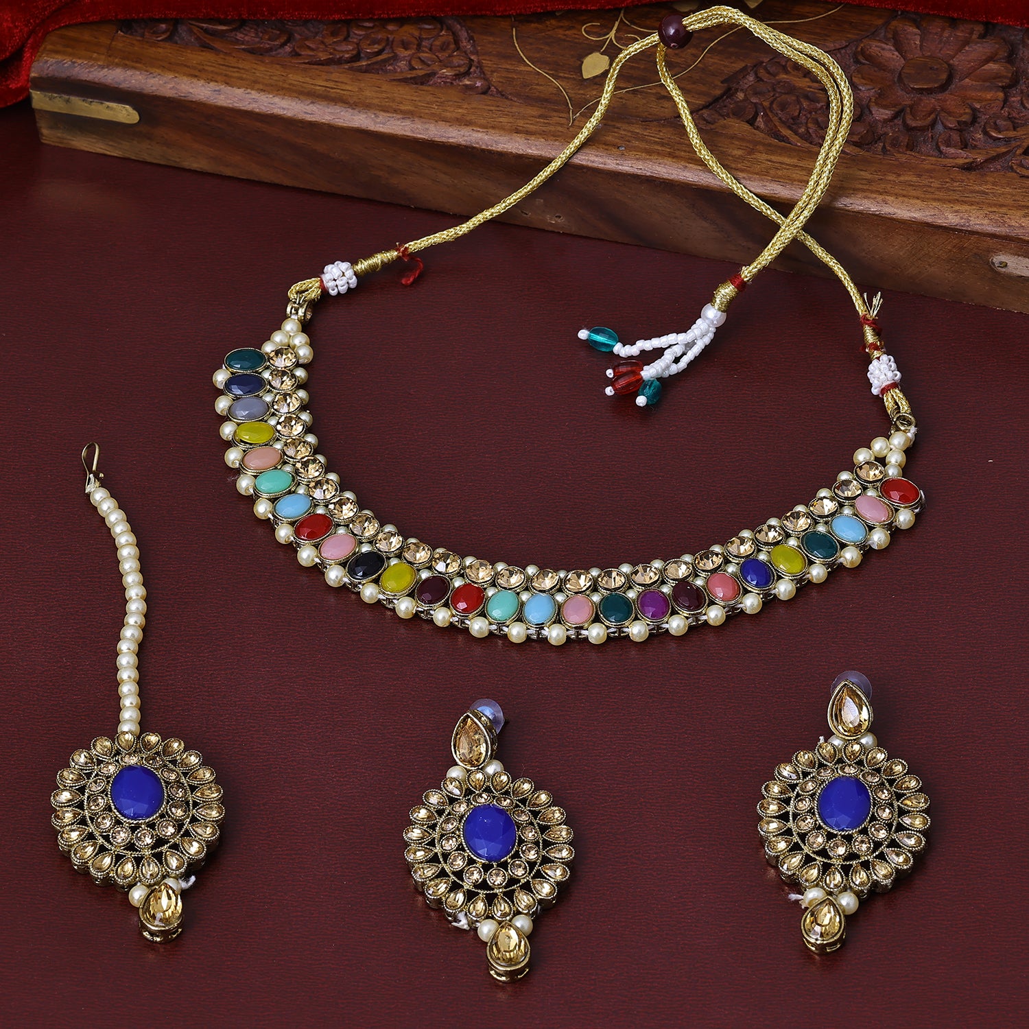 Sukkhi Well-Favored Gold Plated Multicolor Austrian Stone Choker Necklace Set With Maang Tikka for Women