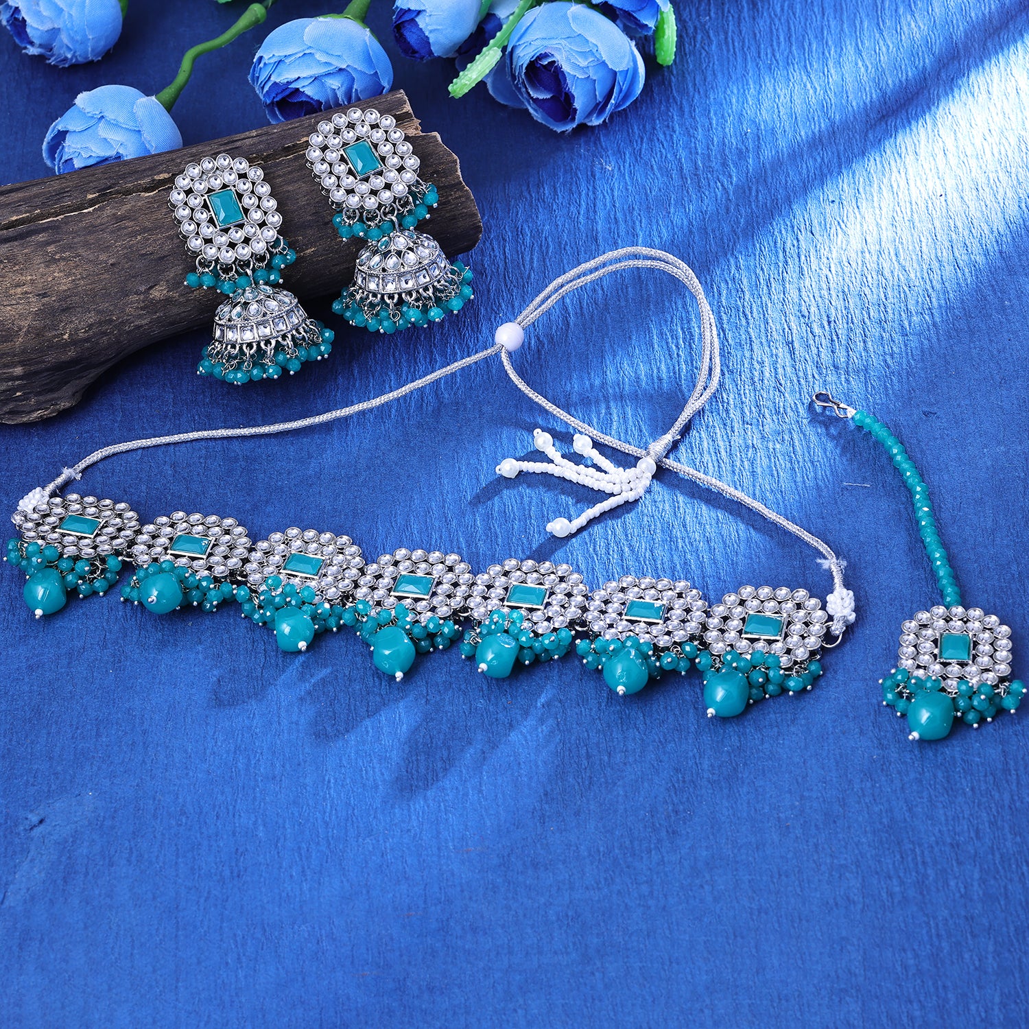 Sukkhi Splendid Gold Plated Sky Blue Austrian Stone Choker Necklace Set With Maang Tikka for Women