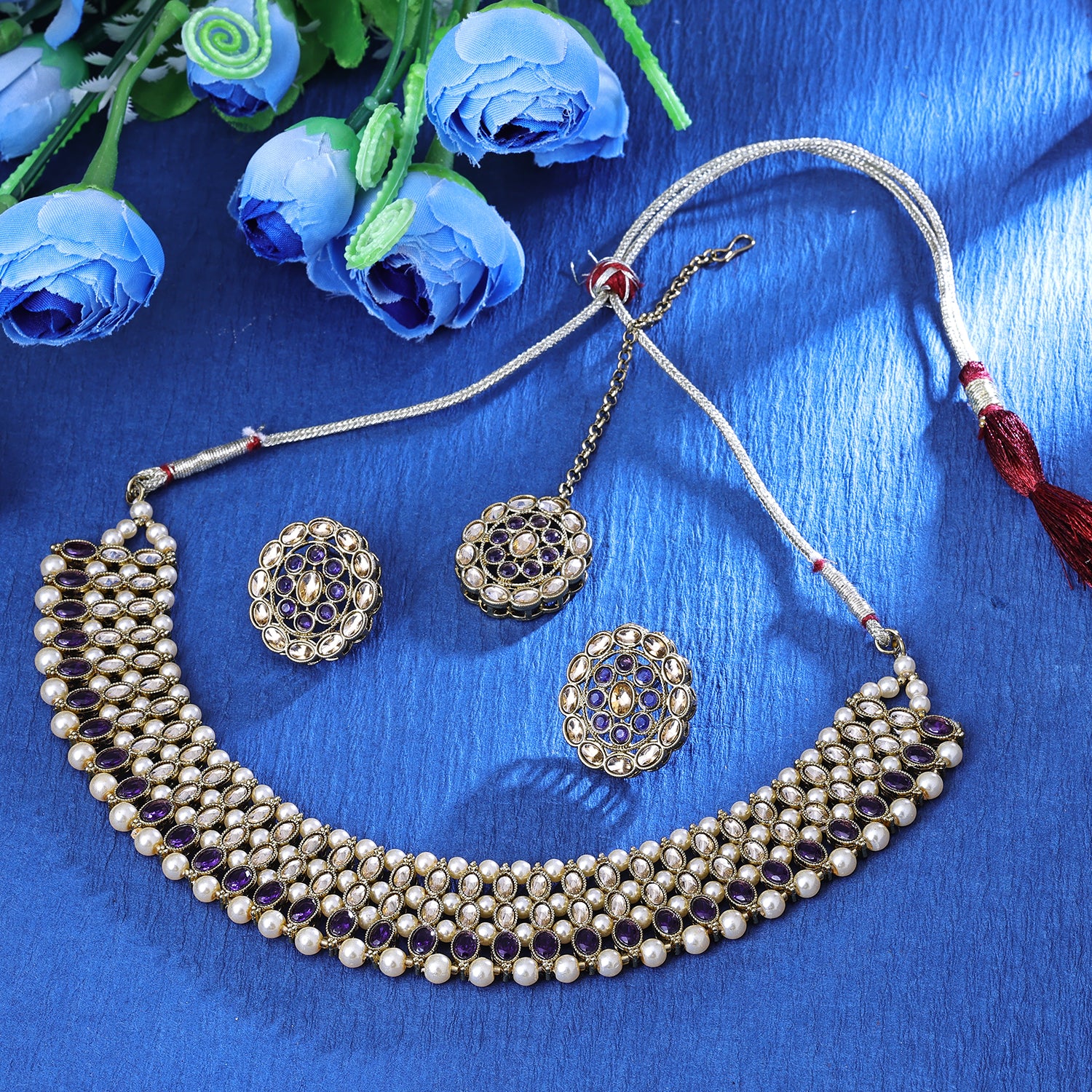Sukkhi Statuesque Gold Plated White Pearl Choker Necklace Set With Maang Tikka for Women