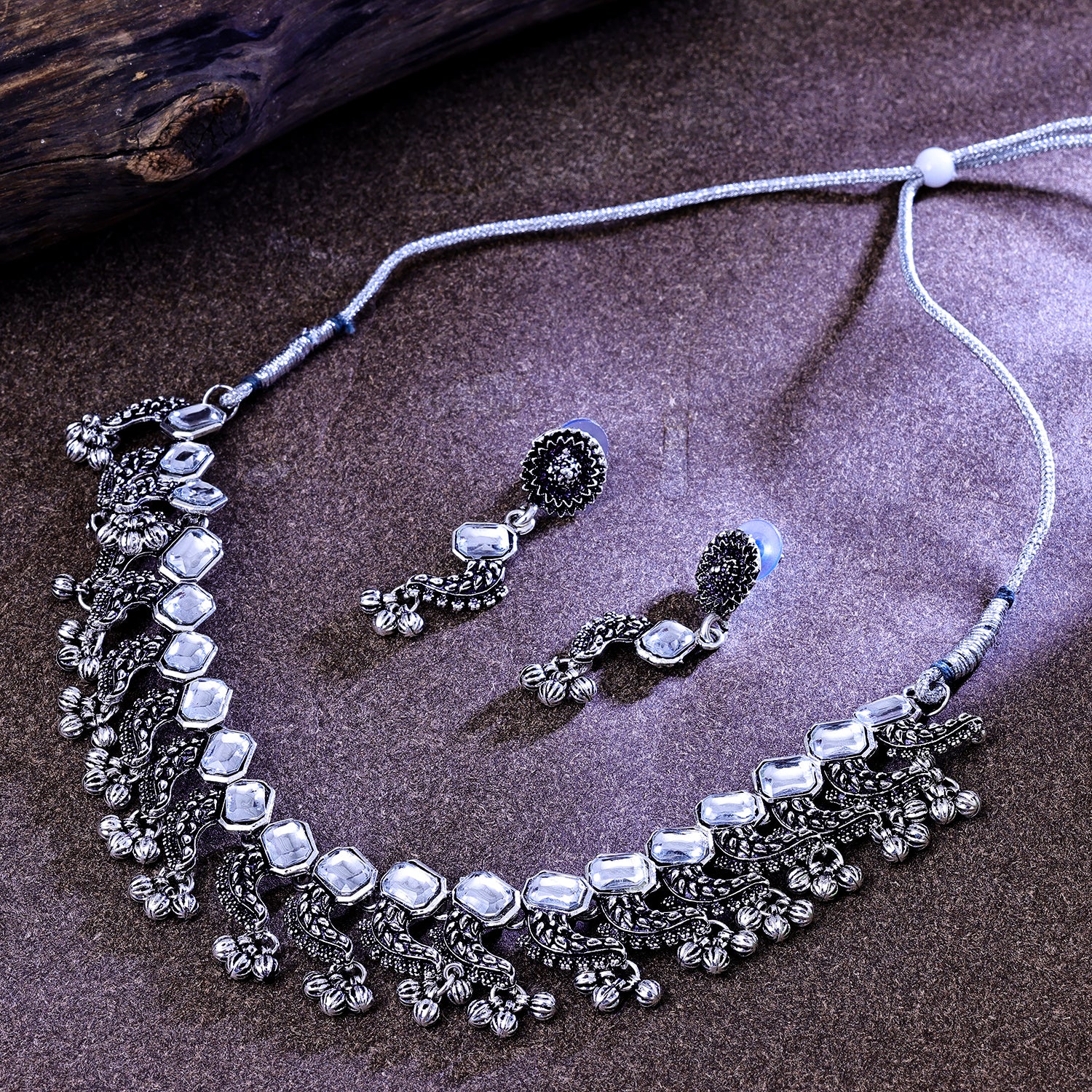 Sukkhi Enticing Rhodium Plated Silver Artificial Stone Collar Necklace Set for Women