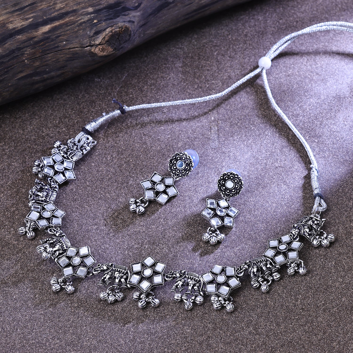 Sukkhi Inviting Rhodium Plated Silver Artificial Stone Choker Necklace Set for Women