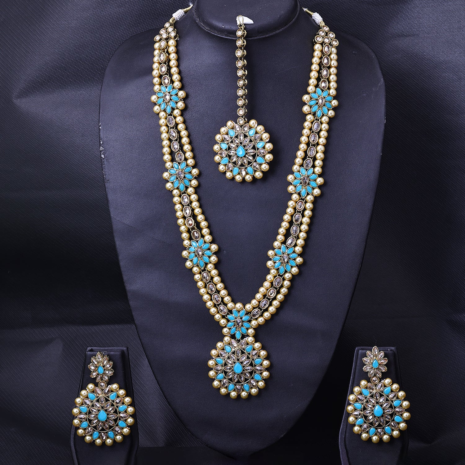 Sukkhi Captivating Gold Plated Sky Blue LCT Stone & Pearl Long Haram Necklace Set With Maang Tikka for Women
