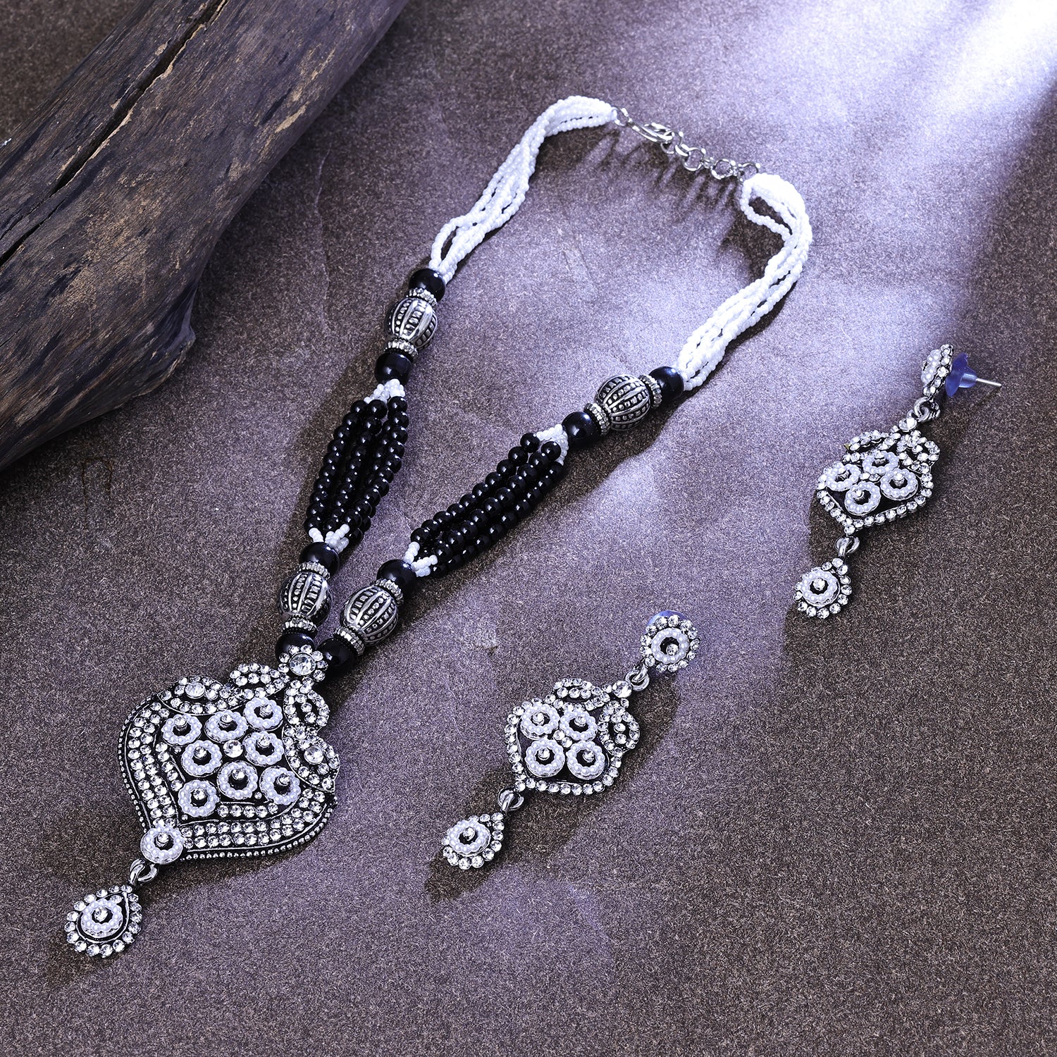 Sukkhi Interesting Rhodium Plated Black & White Artificial Stone Collar Necklace Set for Women