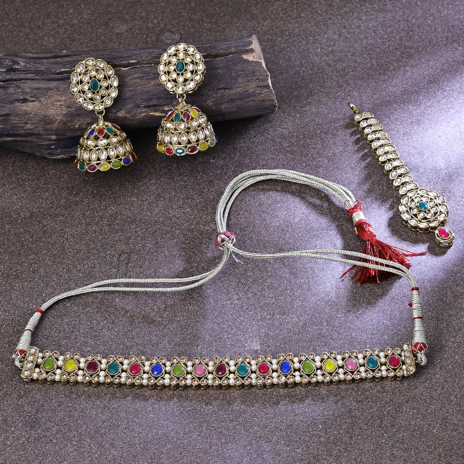 Sukkhi Inviting Gold Plated Multicolor Color Stone Choker Necklace Set With Maang Tikka for Women