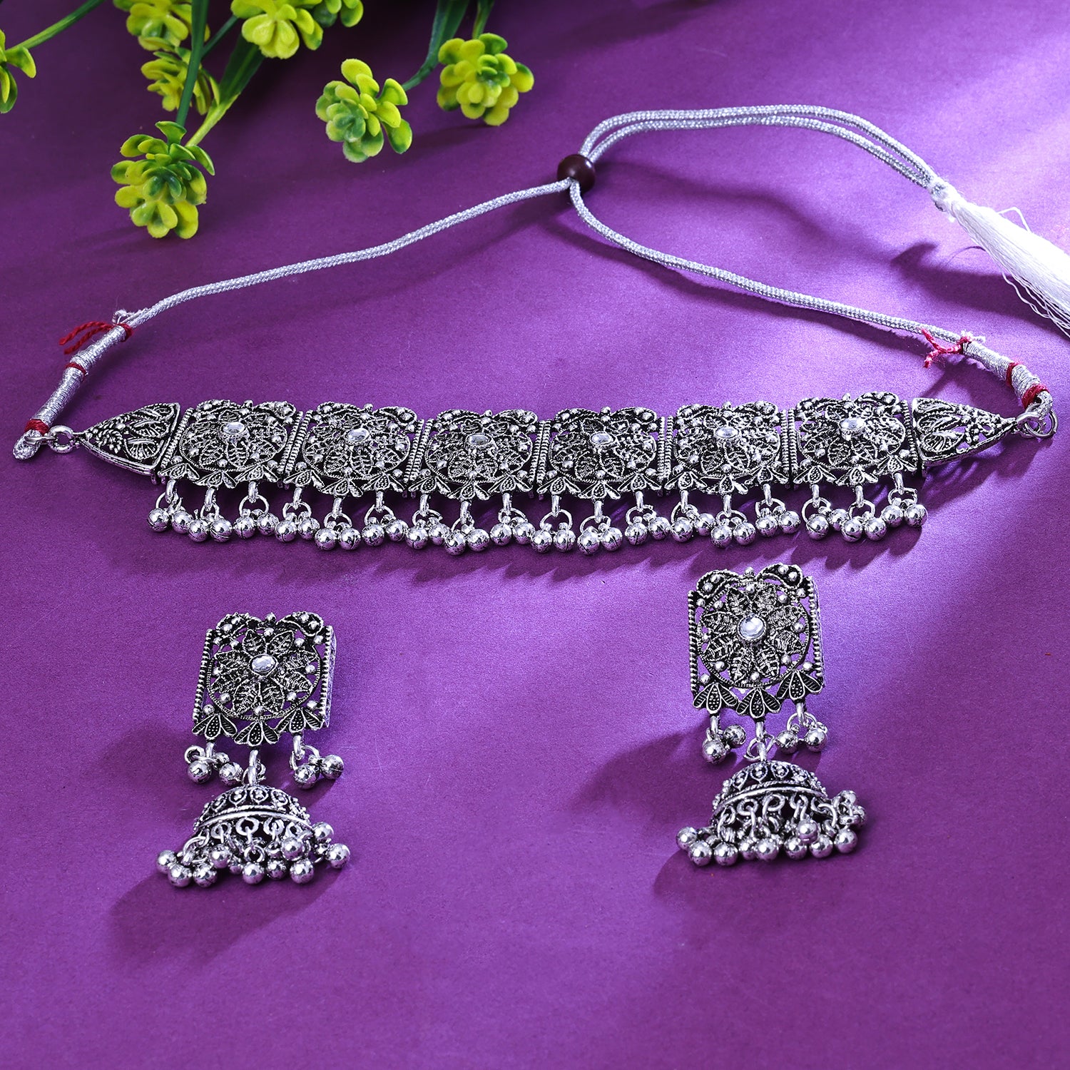 Sukkhi Sublime White Austrian Stone Oxidised Traditional Necklace Set for Women