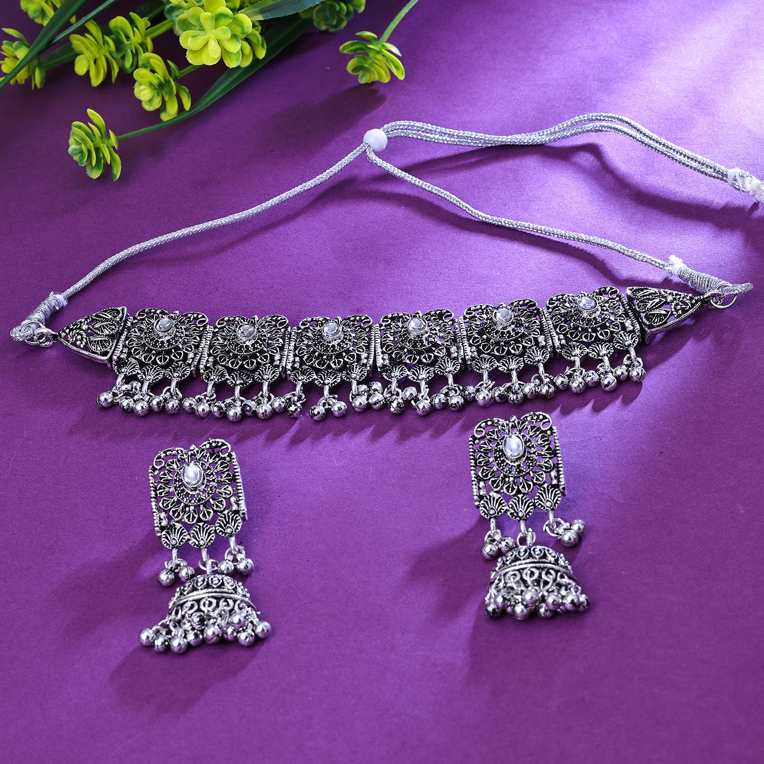 Sukkhi Superb White Austrian Stone Oxidised Traditional Necklace Set for Women