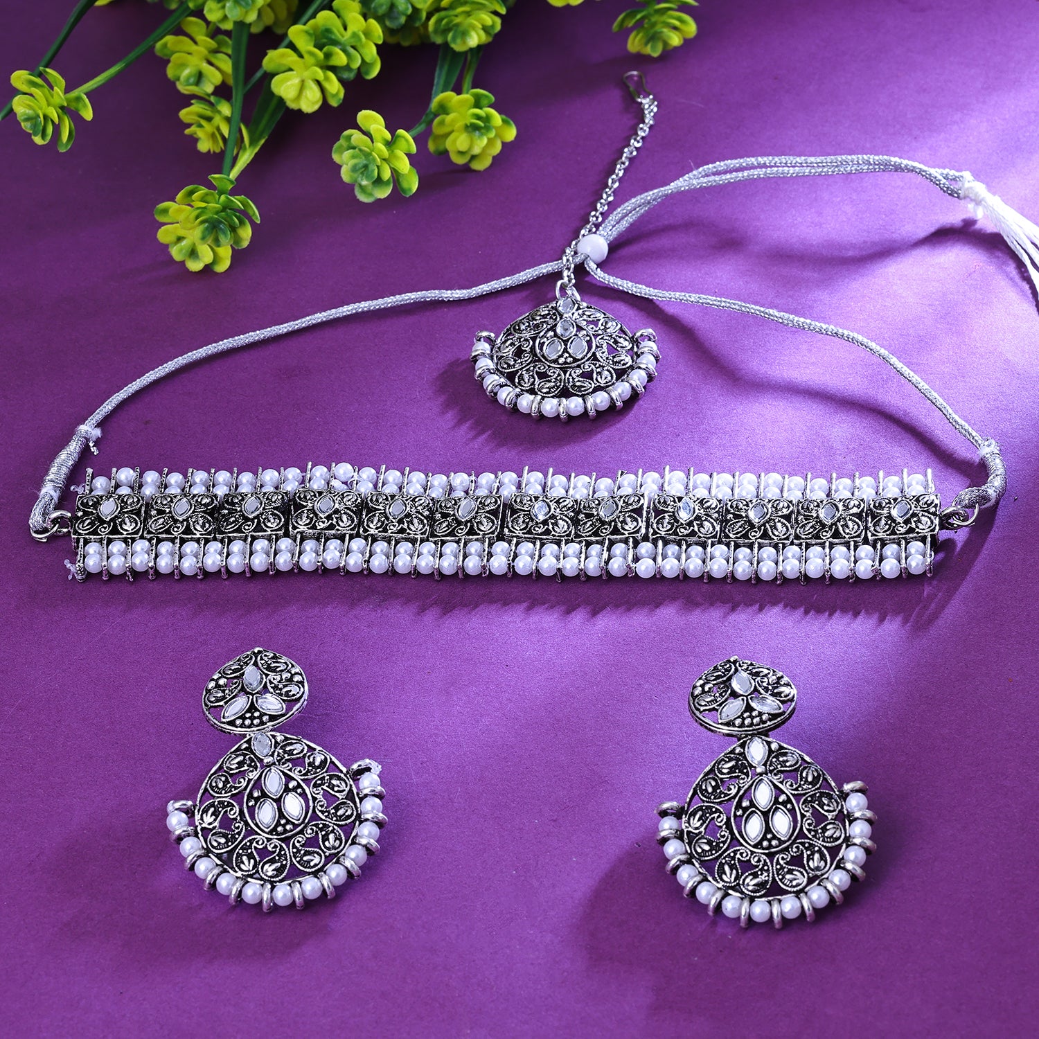 Sukkhi Chocolate-Box White Austrian Stone Oxidised Traditional Necklace Set for Women