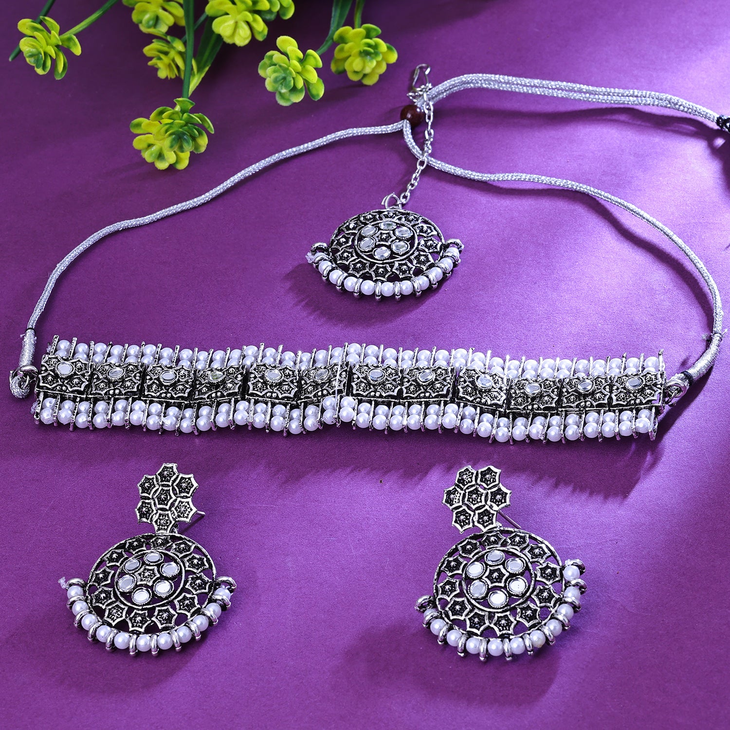 Sukkhi Desirable White Austrian Stone Oxidised Traditional Necklace Set for Women