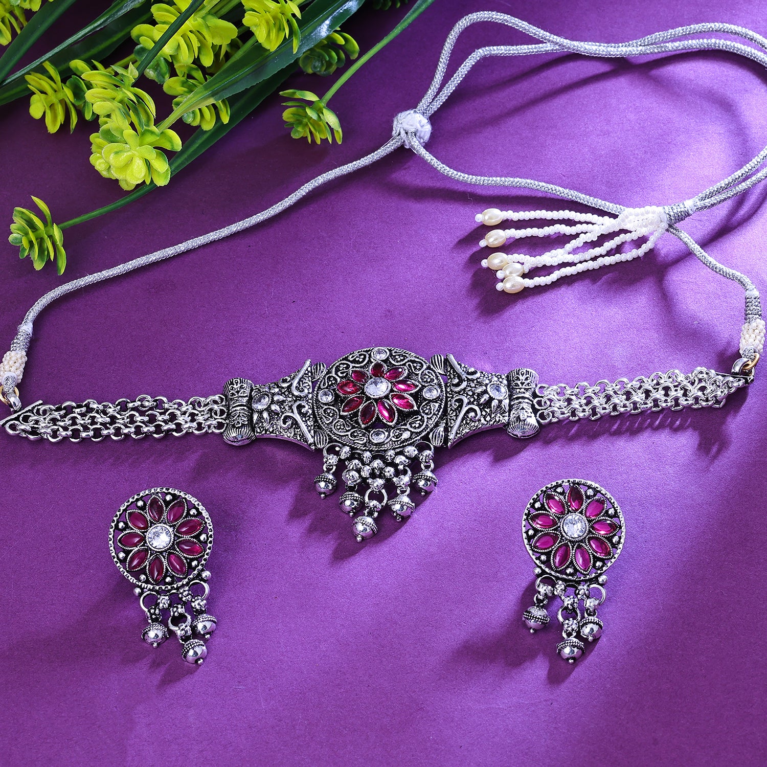 Sukkhi Nubile Pink Austrian Stone Oxidised Traditional Necklace Set for Women