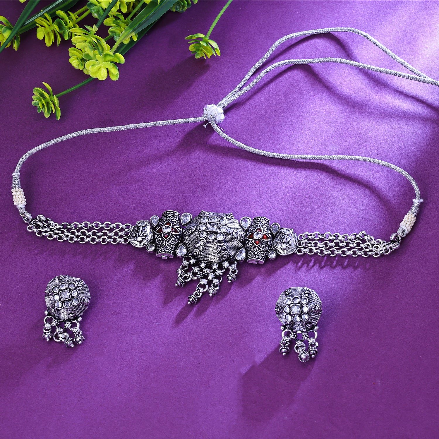 Sukkhi Pulchritudinous Silver Austrian Stone Rhodium Plated Traditional Necklace Set for Women