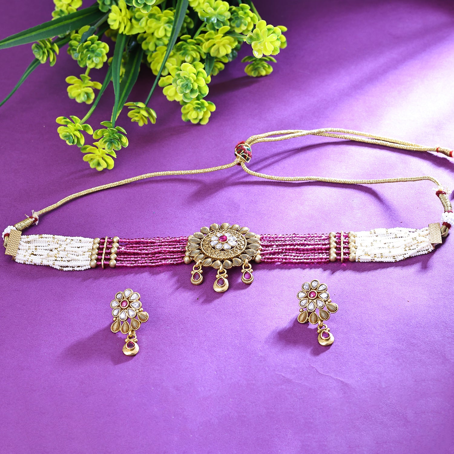 Sukkhi Showstopping Pink And White Austrian Stone Gold Plated Traditional Necklace Set for Women