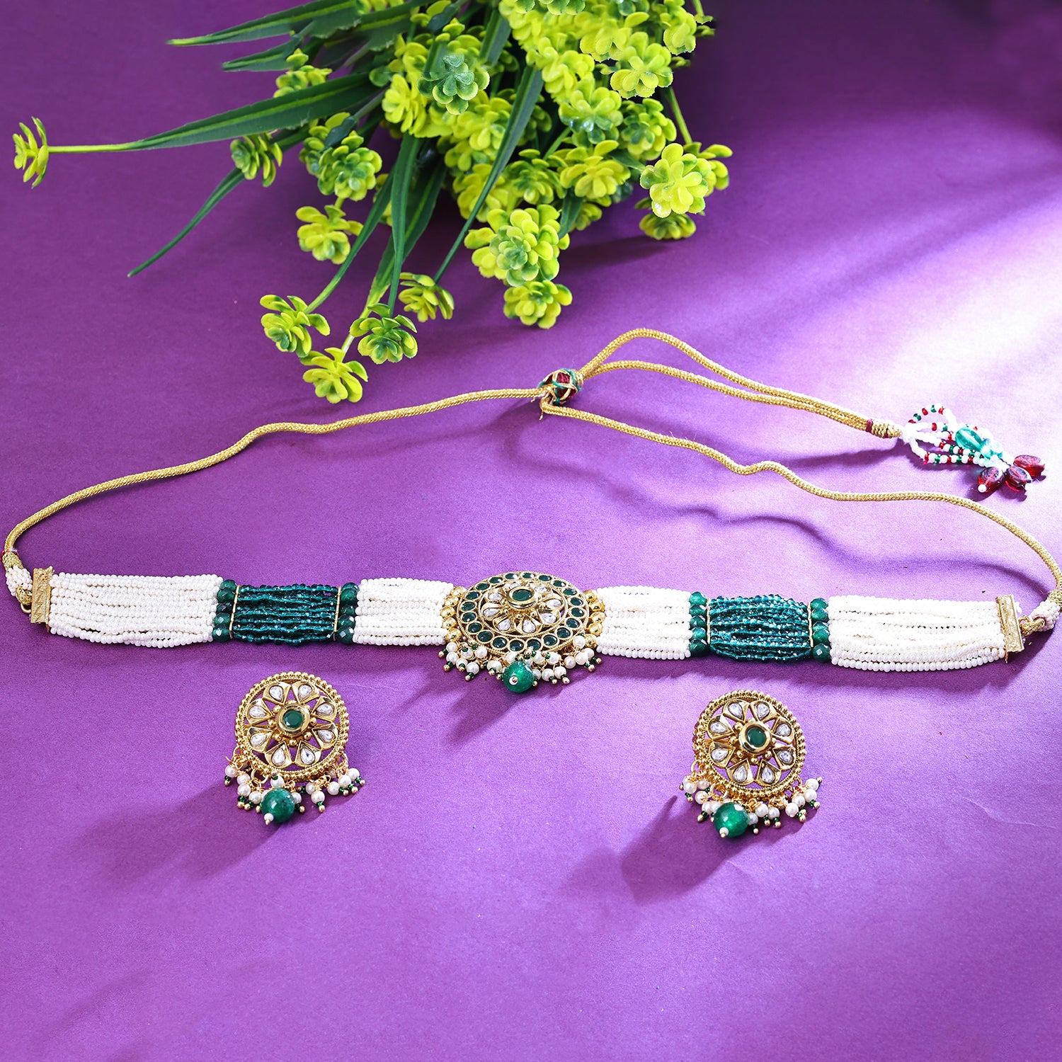 Sukkhi Showy Green And White Austrian Stone Gold Plated Traditional Necklace Set for Women