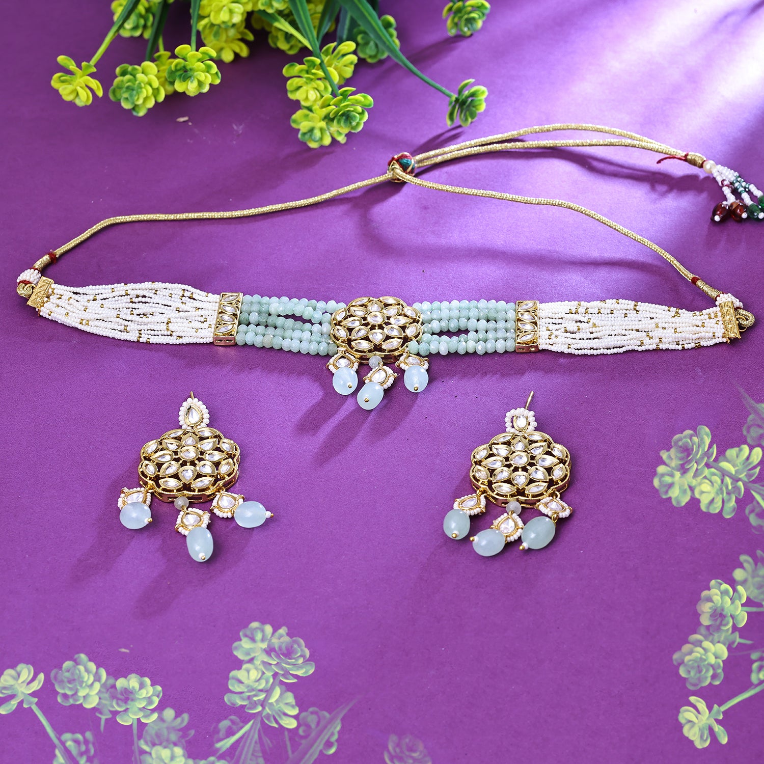 Sukkhi Gripping Aqua Green & White Kundan Gold Plated Traditional Necklace Set for Women