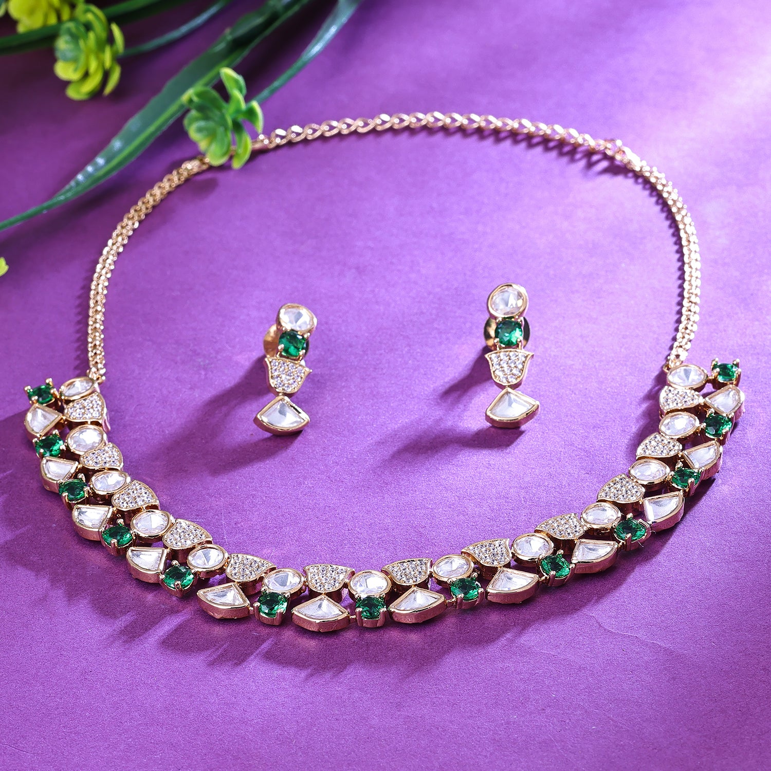Sukkhi Tempting Green And Golden Kundan Gold Plated Traditional Necklace Set for Women