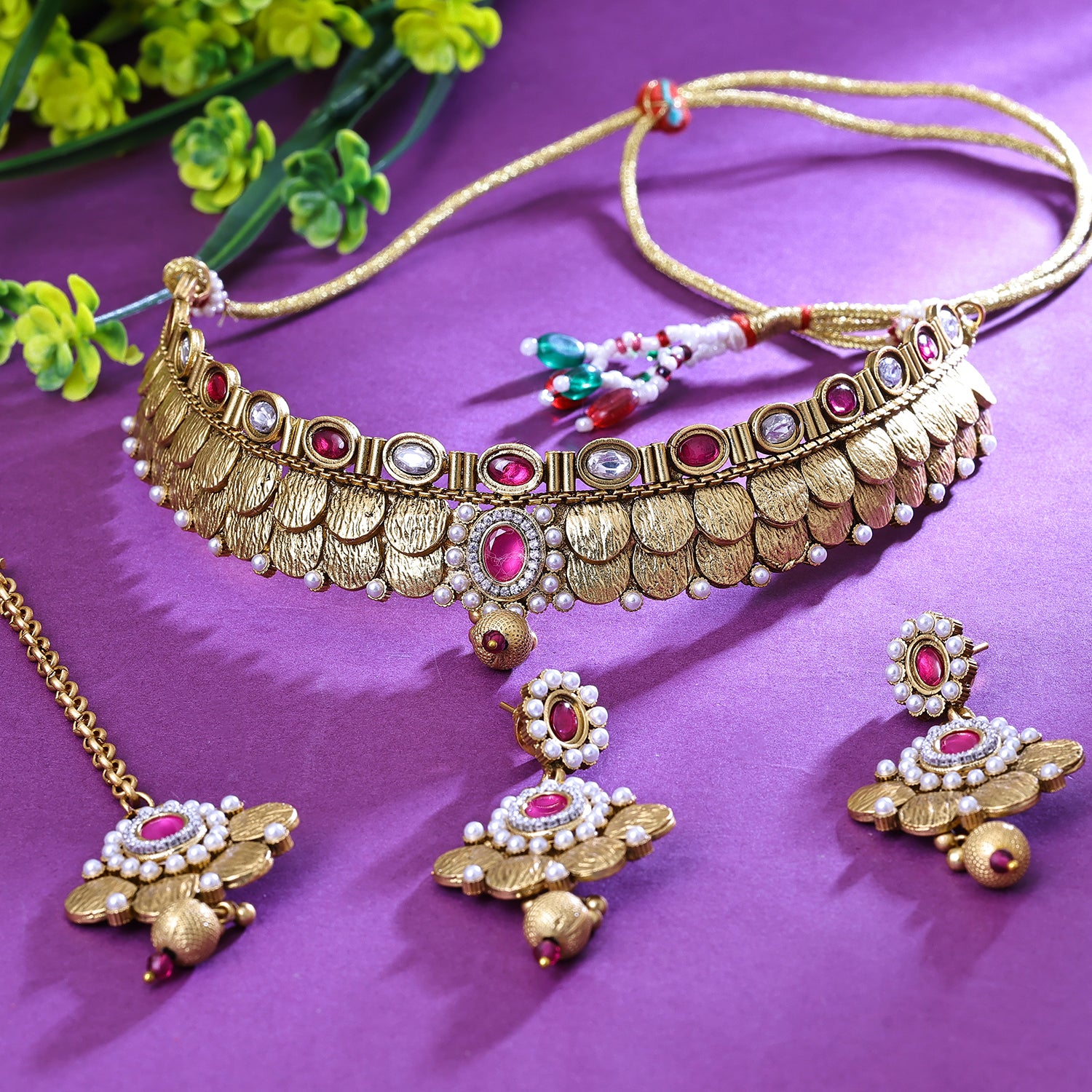Sukkhi Haunting Pink And Golden Austrian Stone Gold Plated Traditional Necklace Set for Women