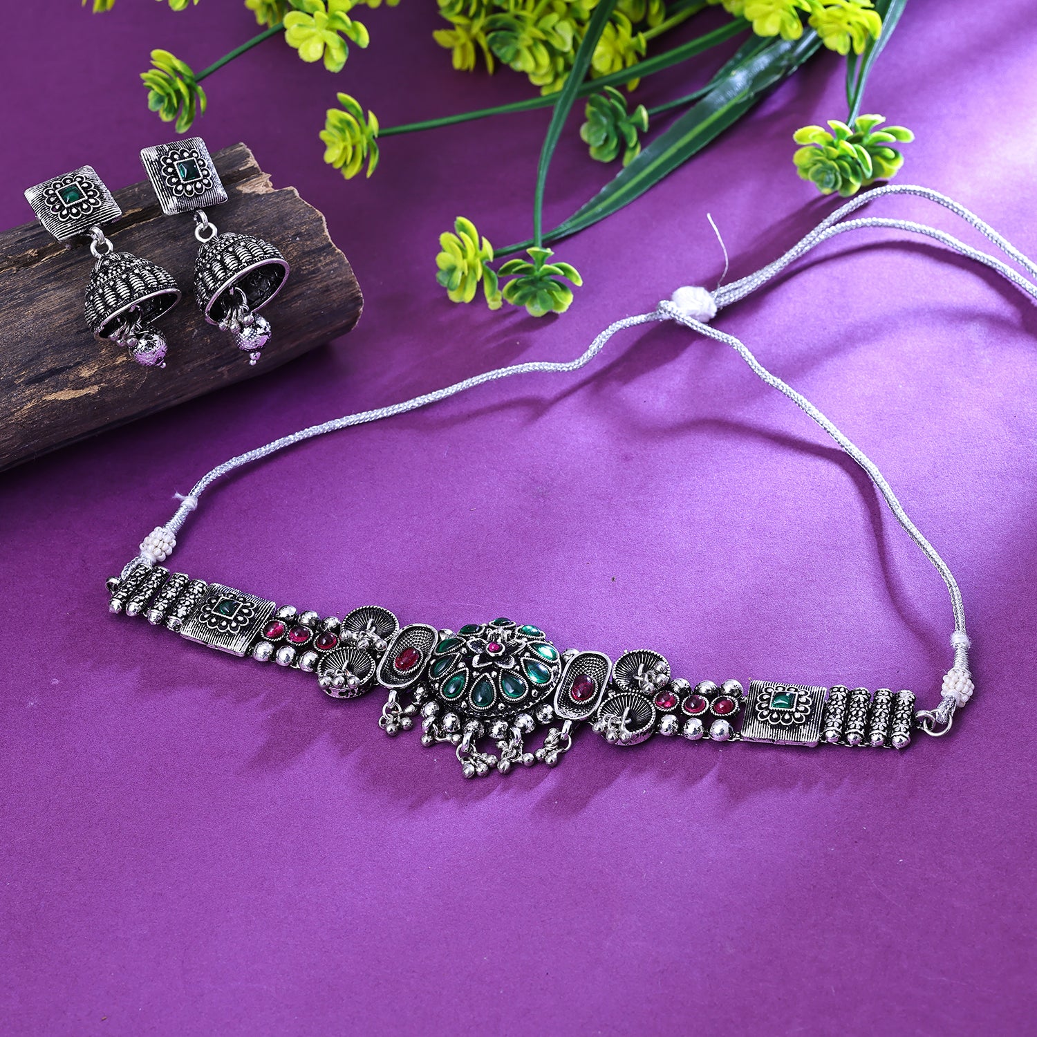 Sukkhi Delightful Green Austrian Stone Oxidised Traditional Necklace Set for Women