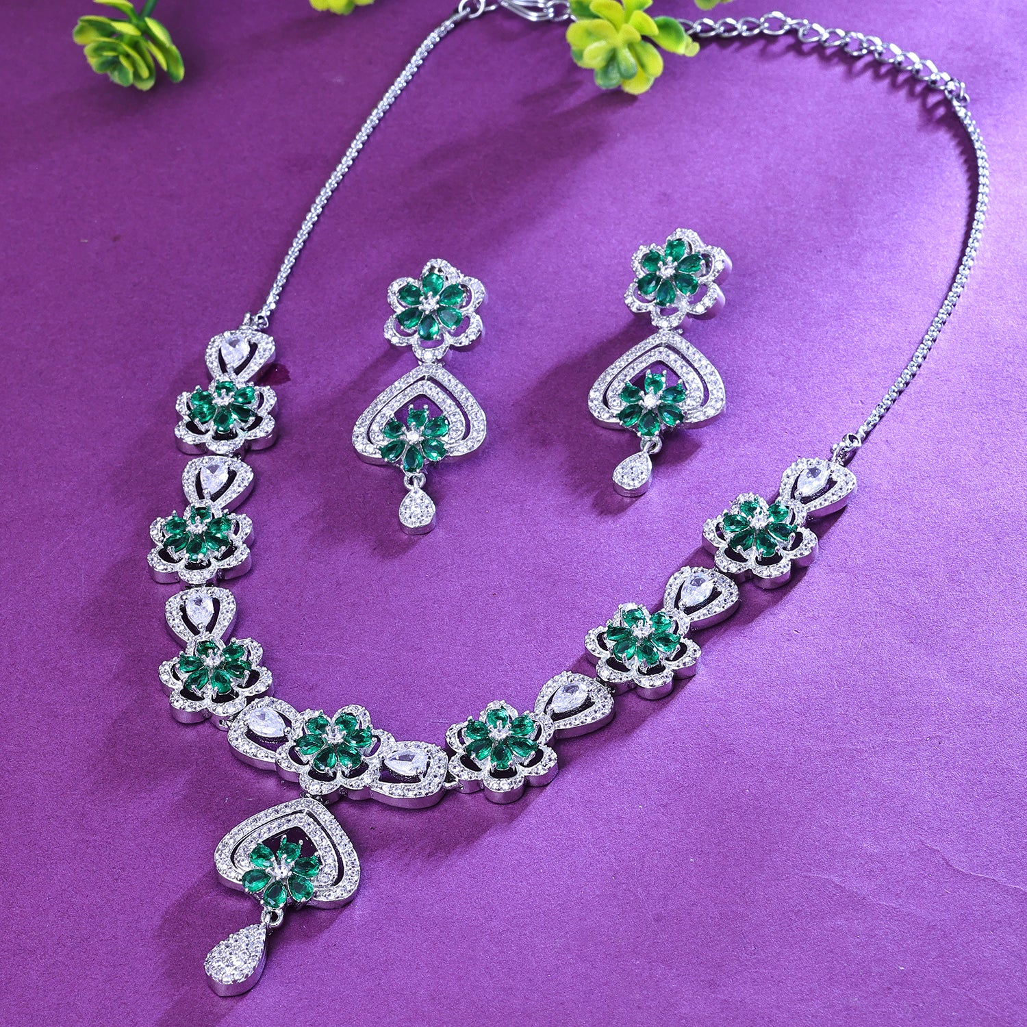 Sukkhi Hypnotizing Green And Silver Austrian Stone Rhodium Plated Traditional Necklace Set for Women