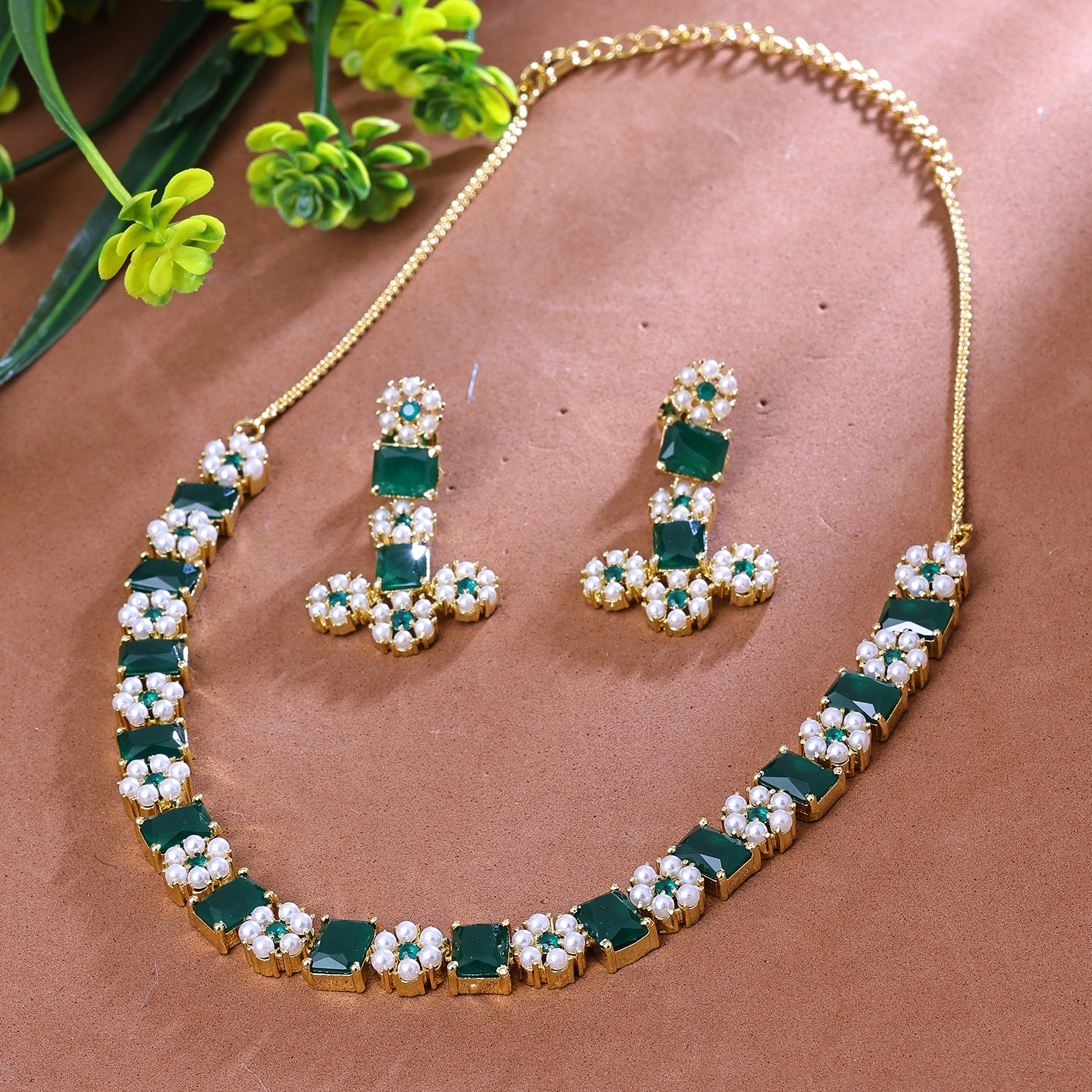 Sukkhi Enticing Green And White Austrian Stone Gold Plated Traditional Necklace Set for Women