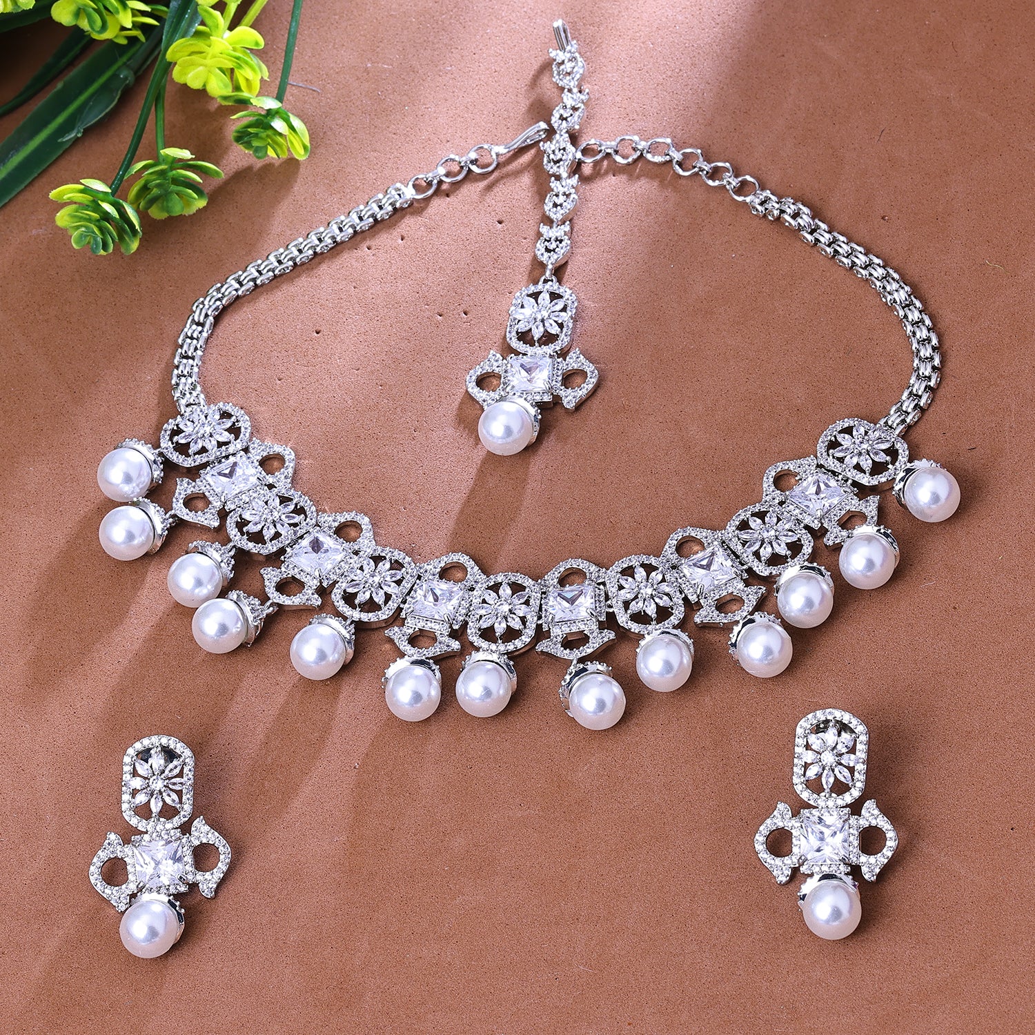 Sukkhi Haunting Silver CZ Stone Rhodium Plated Traditional Necklace Set for Women