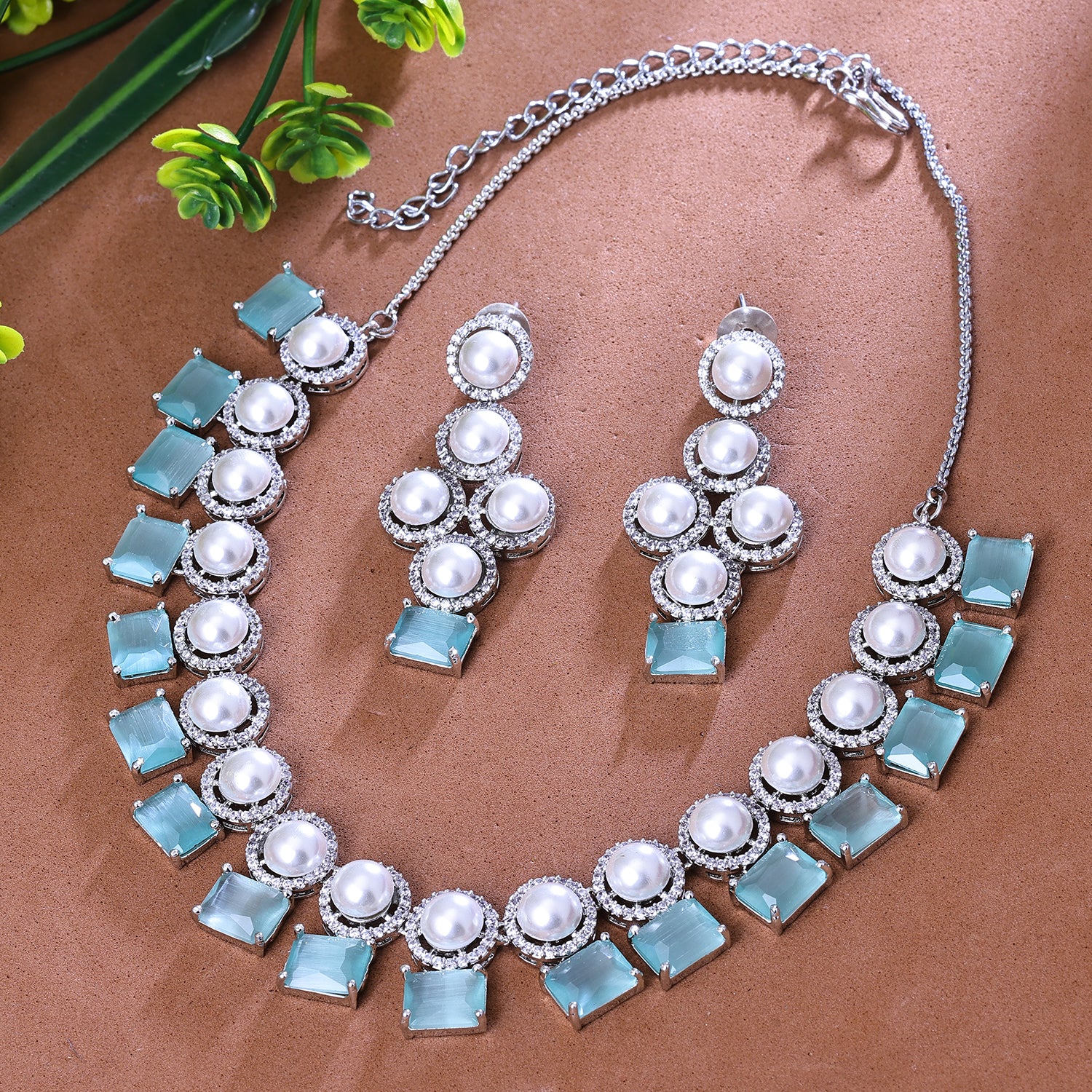 Sukkhi Winning Aqua Blue And Silver Color Stone & Pearl Rhodium Plated Traditional Necklace Set for Women